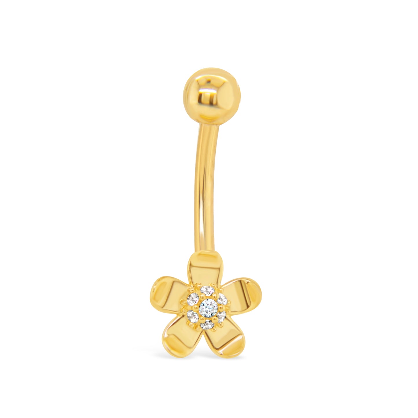 14K Yellow Gold Flower with CZ Center Belly Ring