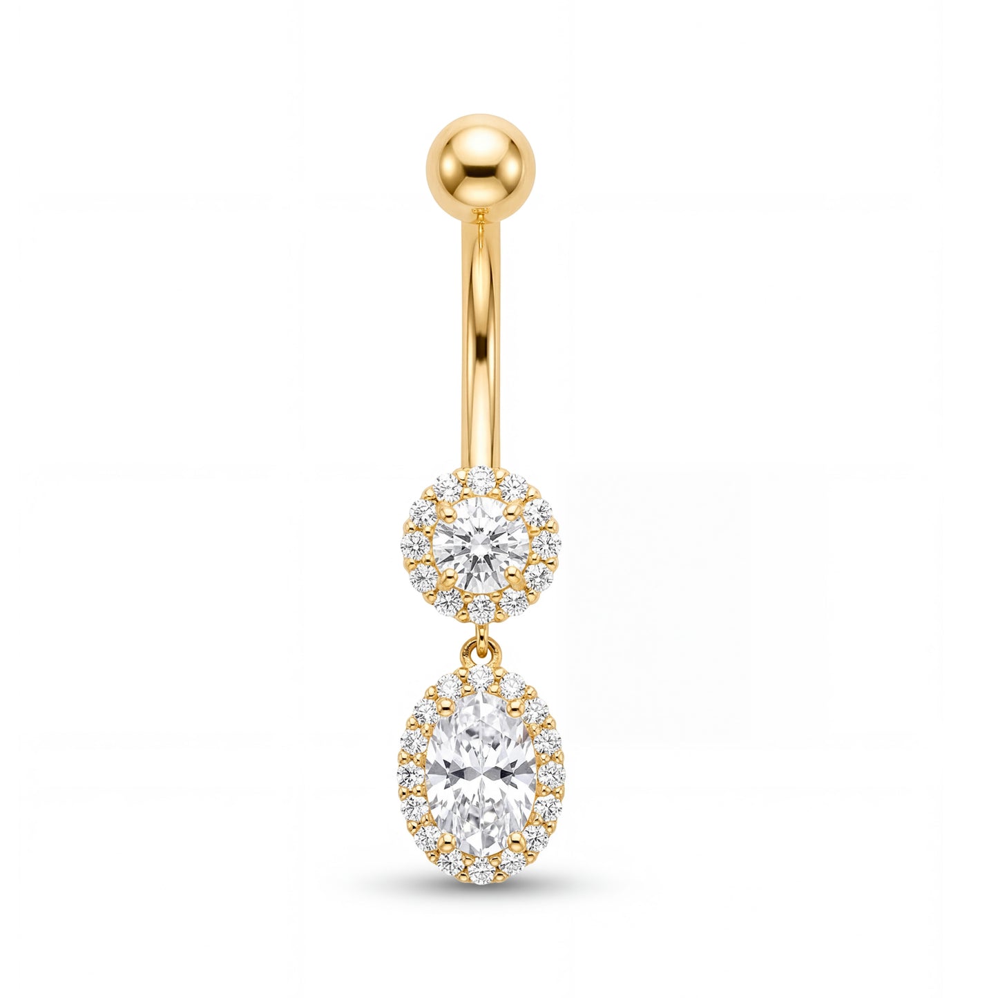 14K Yellow Gold CZ Round and Oval Shape Dangle Belly Ring