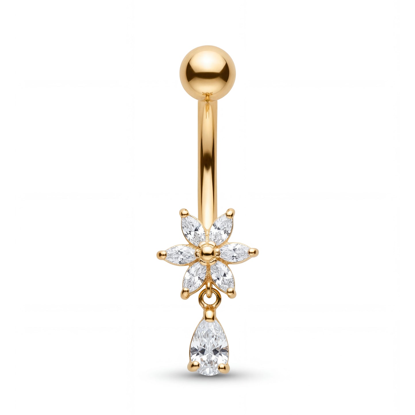 14K Yellow Gold Flower & Dangle Pear Cut Belly Ring