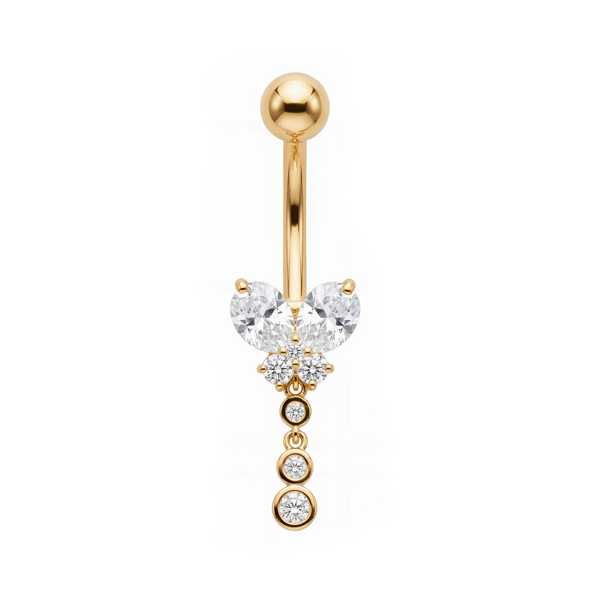 14K Yellow Gold CZ Butterfly Cluster with Dangle Round CZ Belly Ring