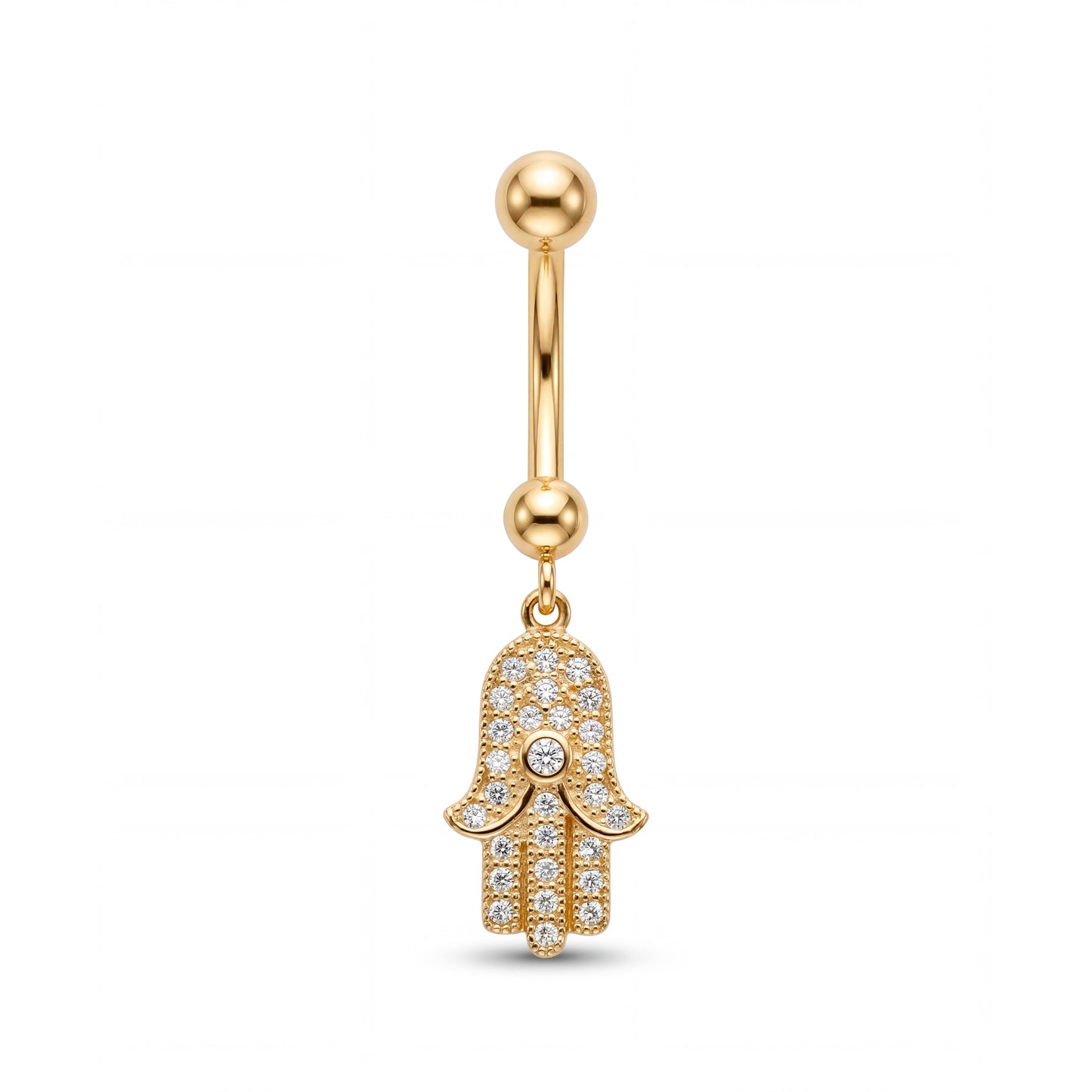 14K Yellow Gold CZ Dangle Hamsa Belly Ring