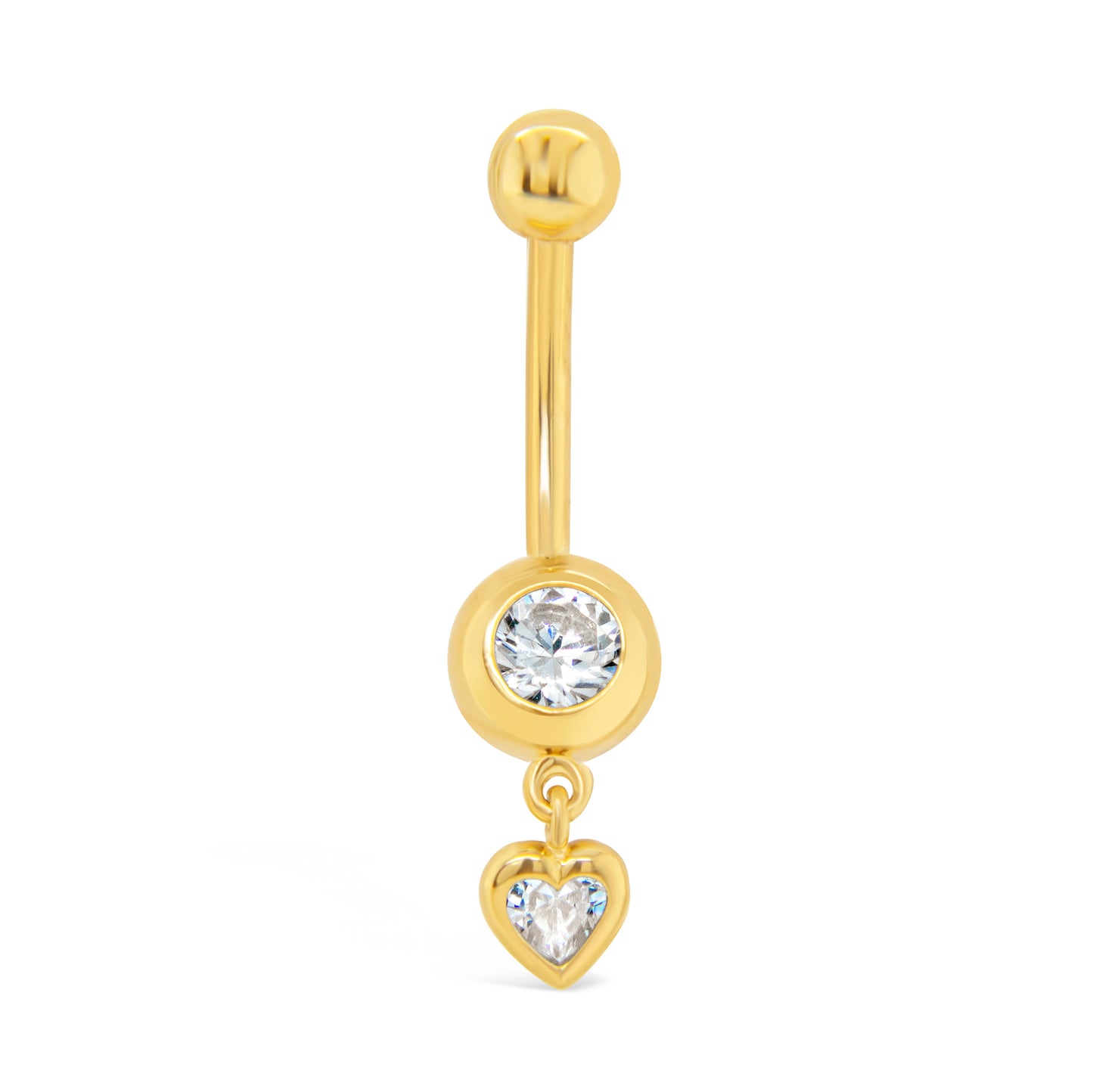 14K Yellow Gold Bezel-Set White CZ Heart Dangle Belly Ring-2
