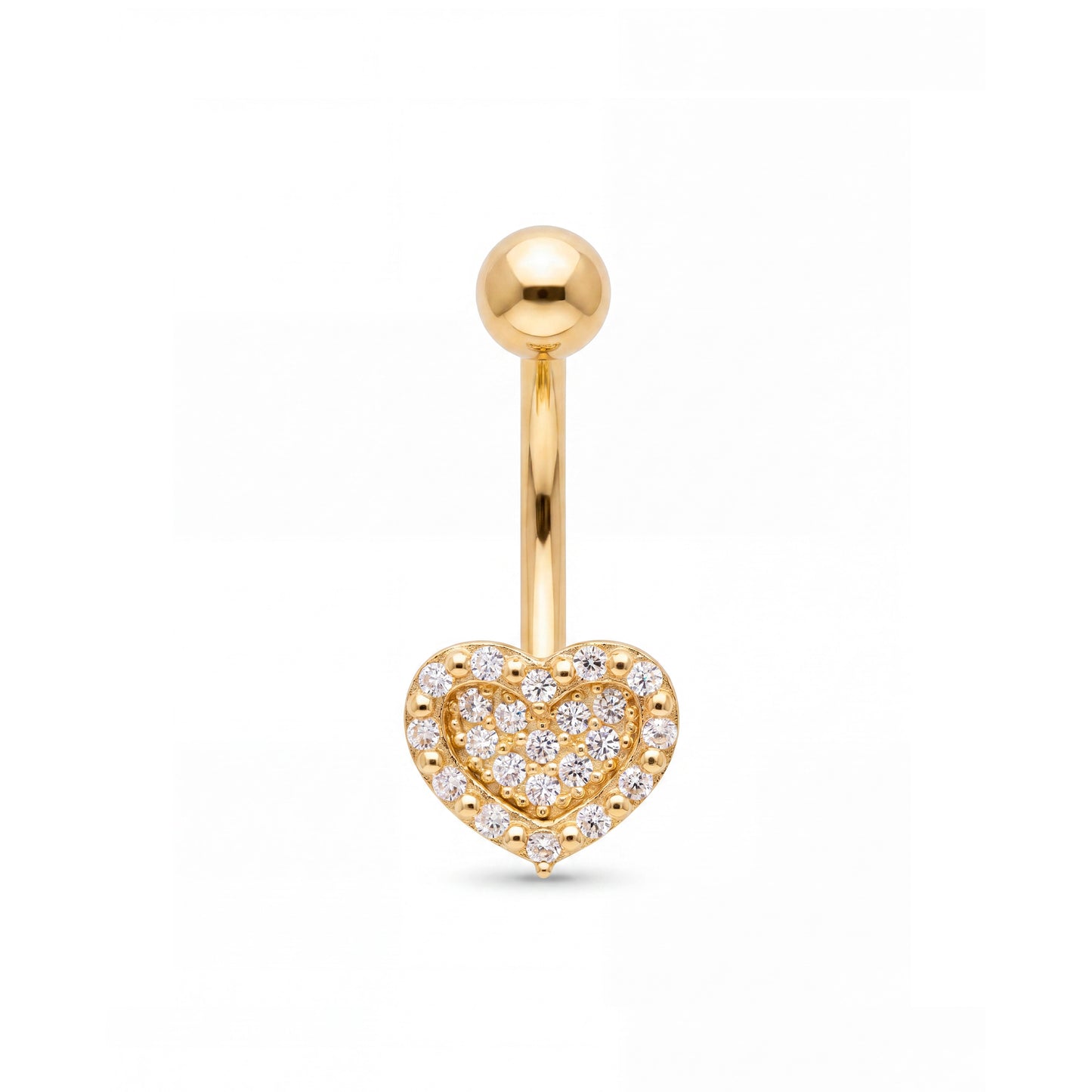 14K Yellow Gold White CZ Double Halo Heart Dangle Belly Ring
