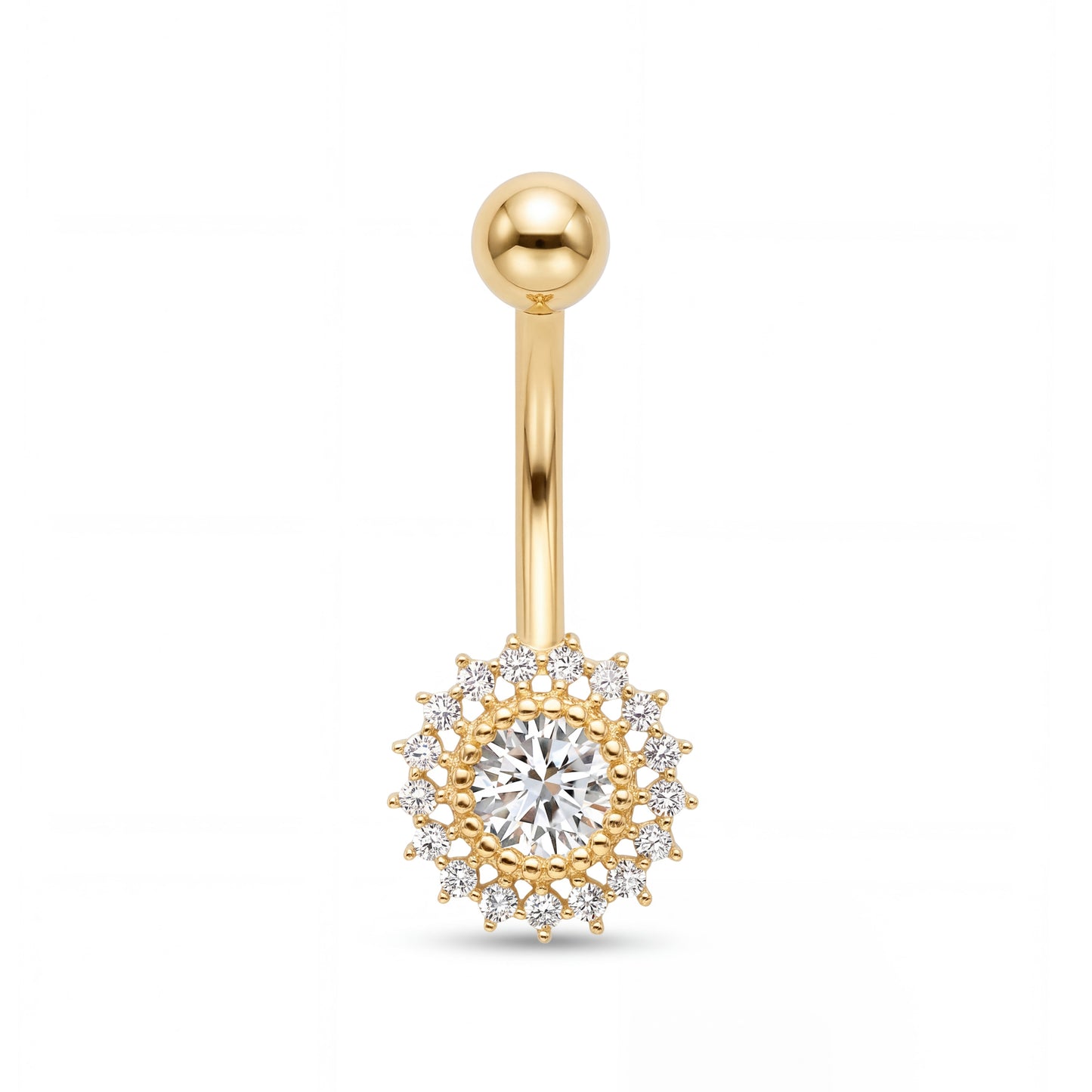 14K Yellow Gold Sunburst White CZ Halo Belly Ring