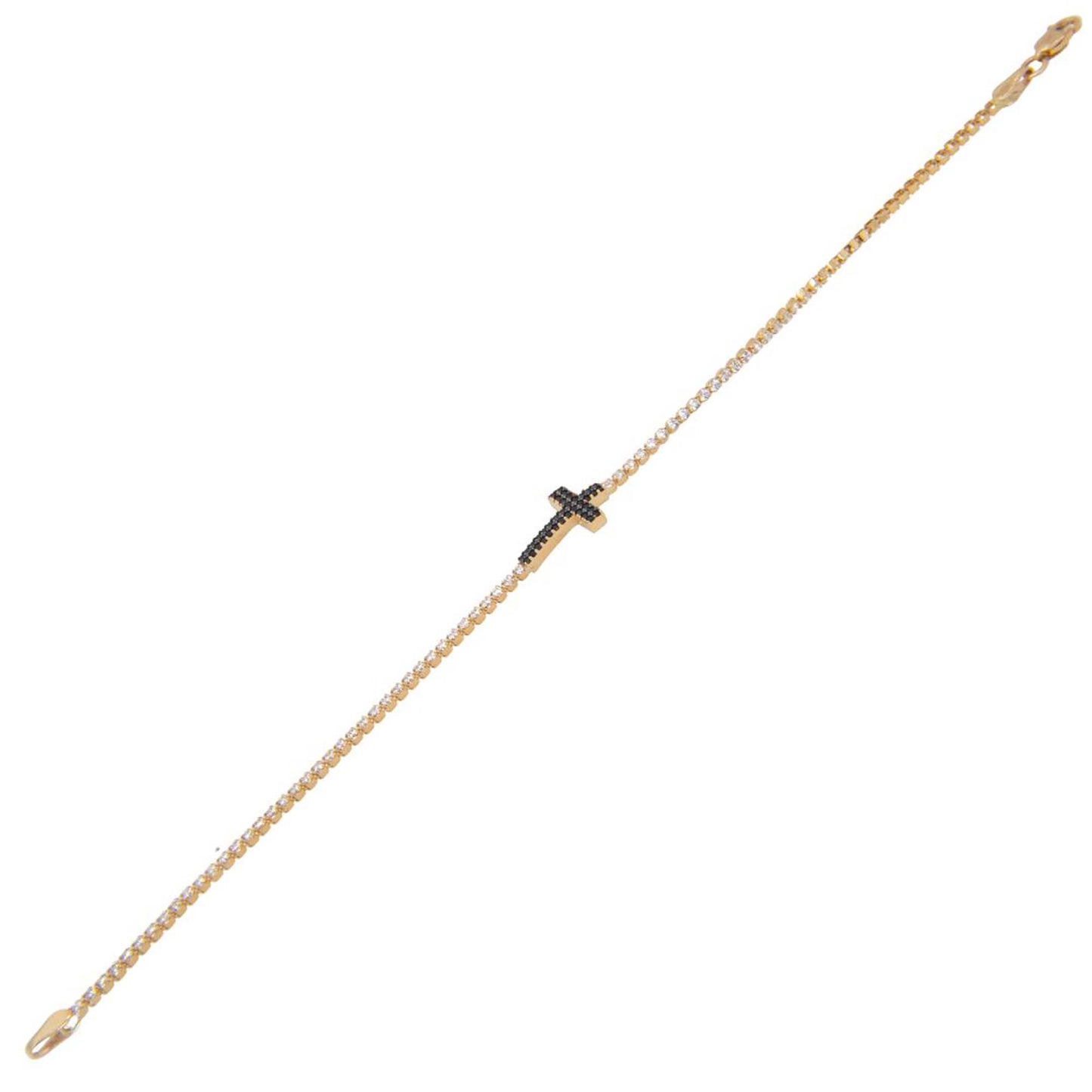 14k Yellow Gold Black CZ Cross Tennis Religious Bracelet