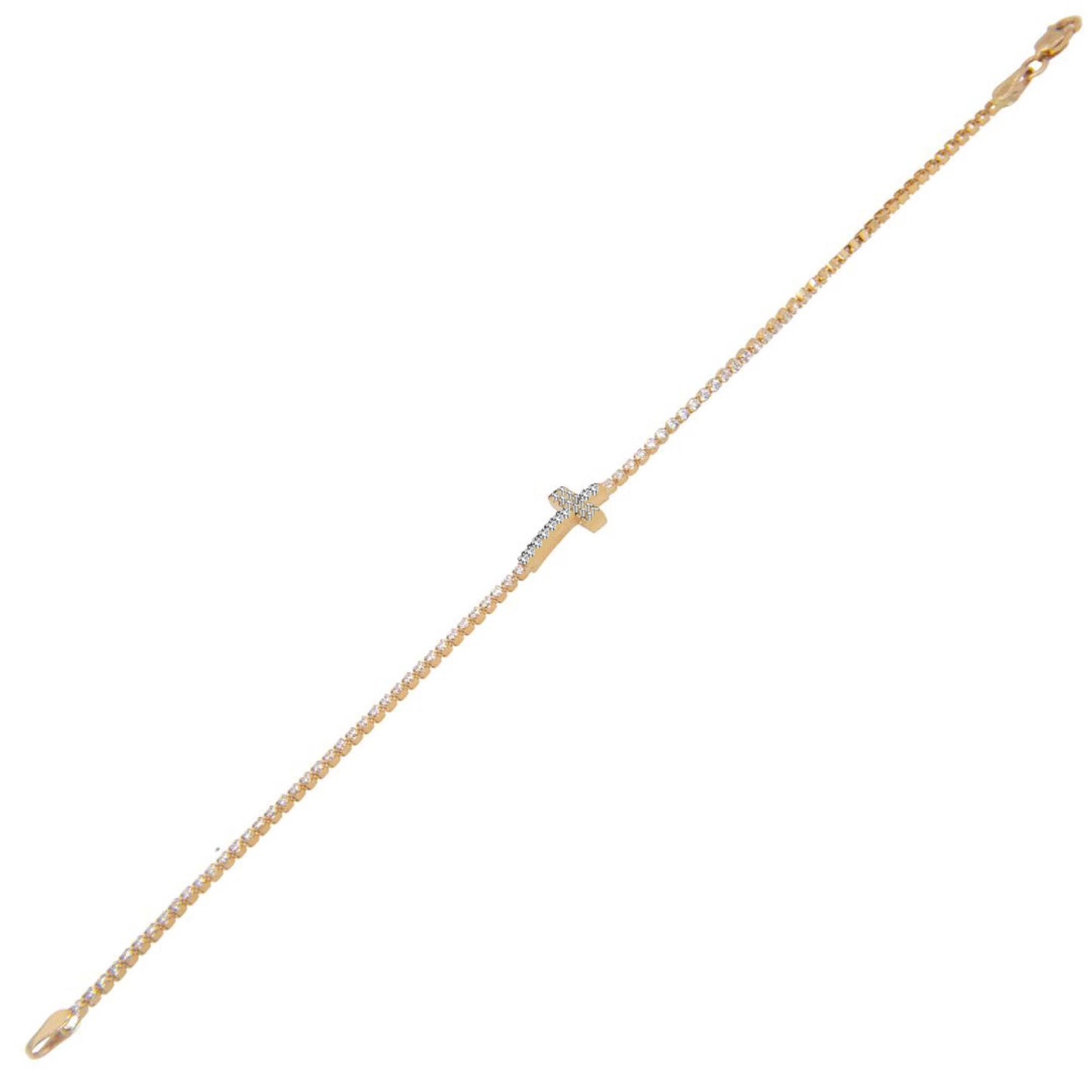 14k Yellow Gold White CZ Cross Tennis Religious Bracelet