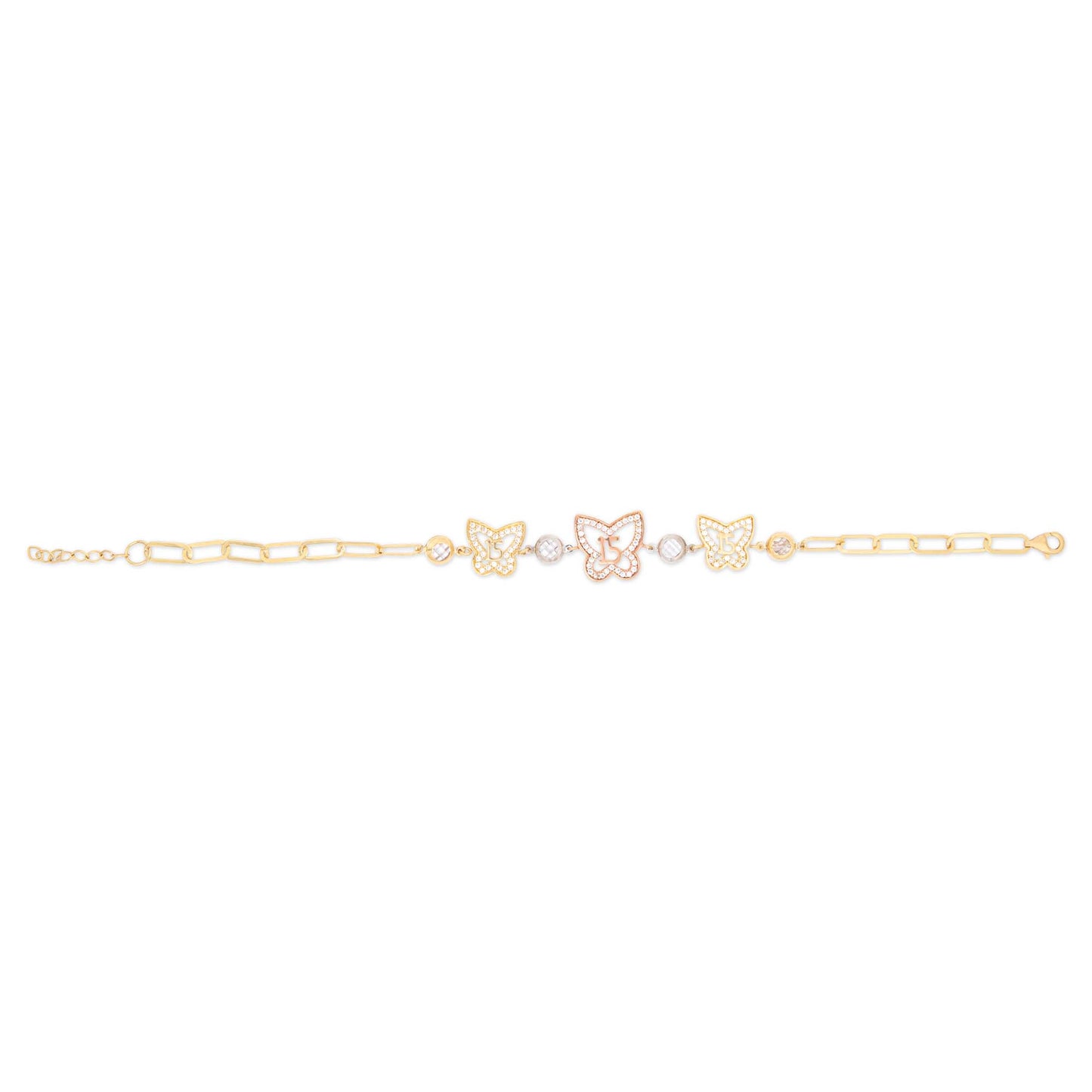 14k Tri Color Gold Quinciañera Butterfly CZ Bracelet