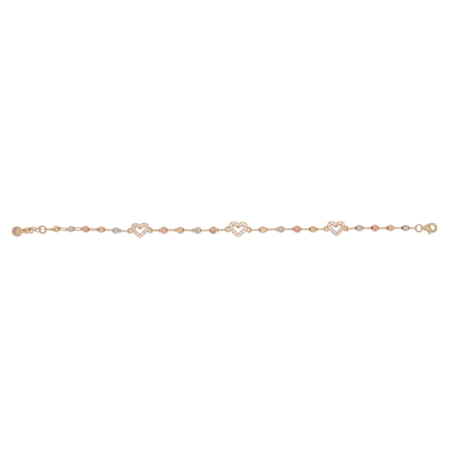 14k Tri Color Gold Hearts and Beads Dainty Bracelet