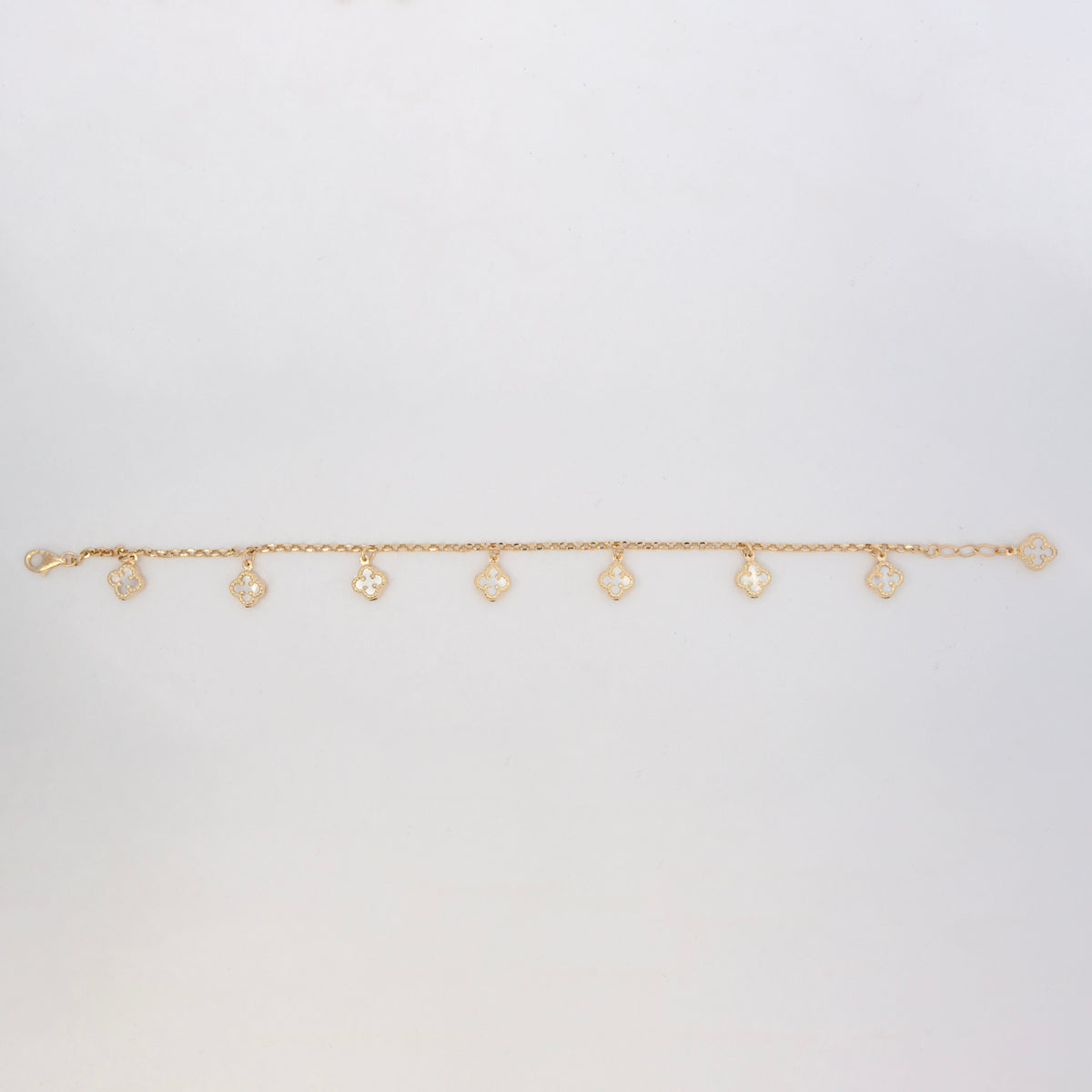 14K Yellow Gold Mother of Pearl Dangling Clovers Women's Bracelet