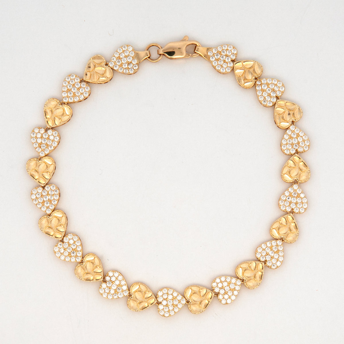 14K Yellow Gold Heart Nugget & Pavé Link Bracelet