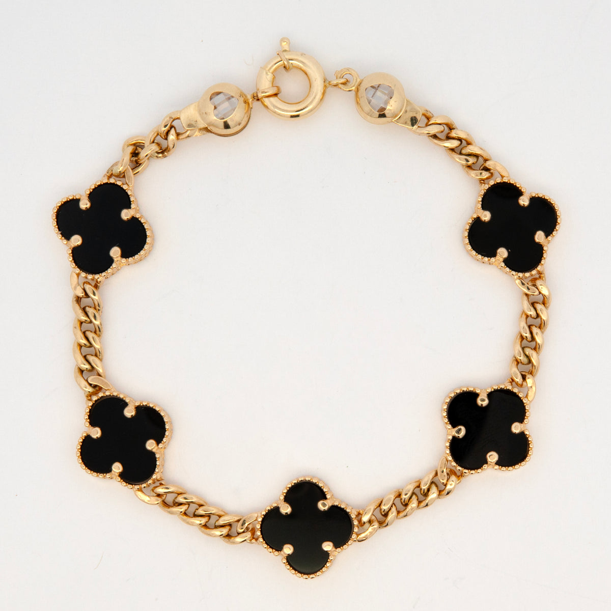 14K Yellow Gold Acrylic Onyx Clover Station Bracelet