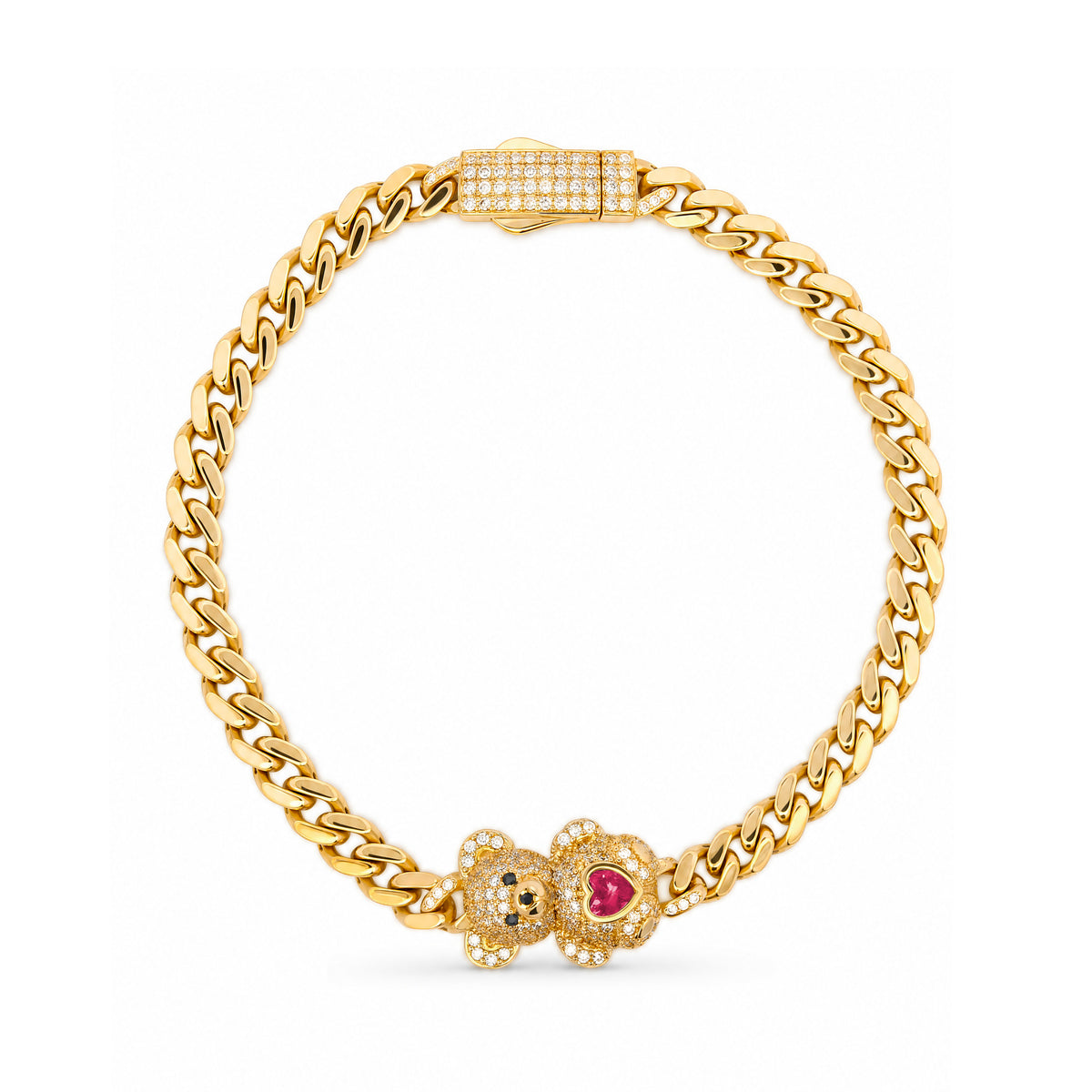 14K Yellow Gold Cuban Link Teddy Bear with Red CZ Center Bracelet
