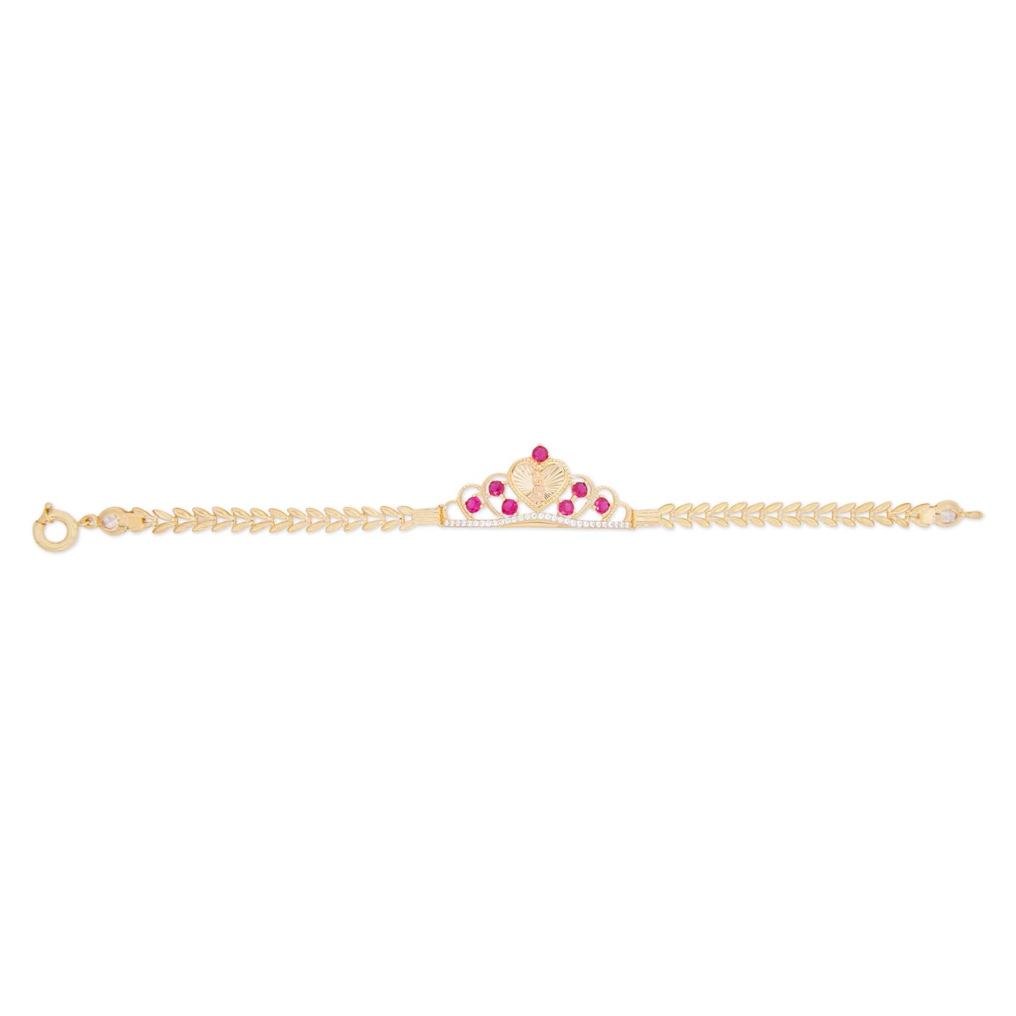 14k Yellow Gold Red CZ Virgen Maria Crown Bracelet