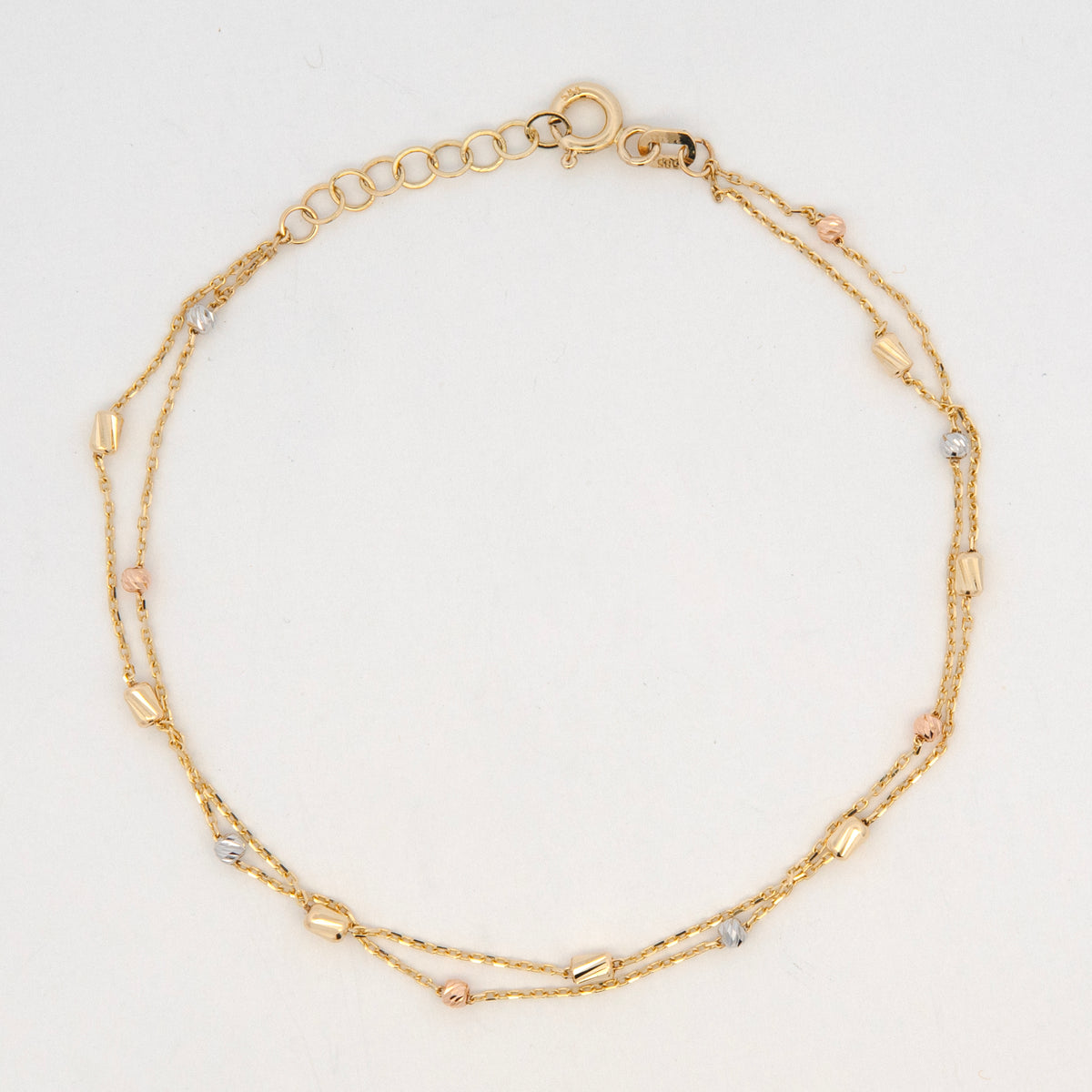 14K Tri Color Gold Double Strand Bead Station Women's Bracelet