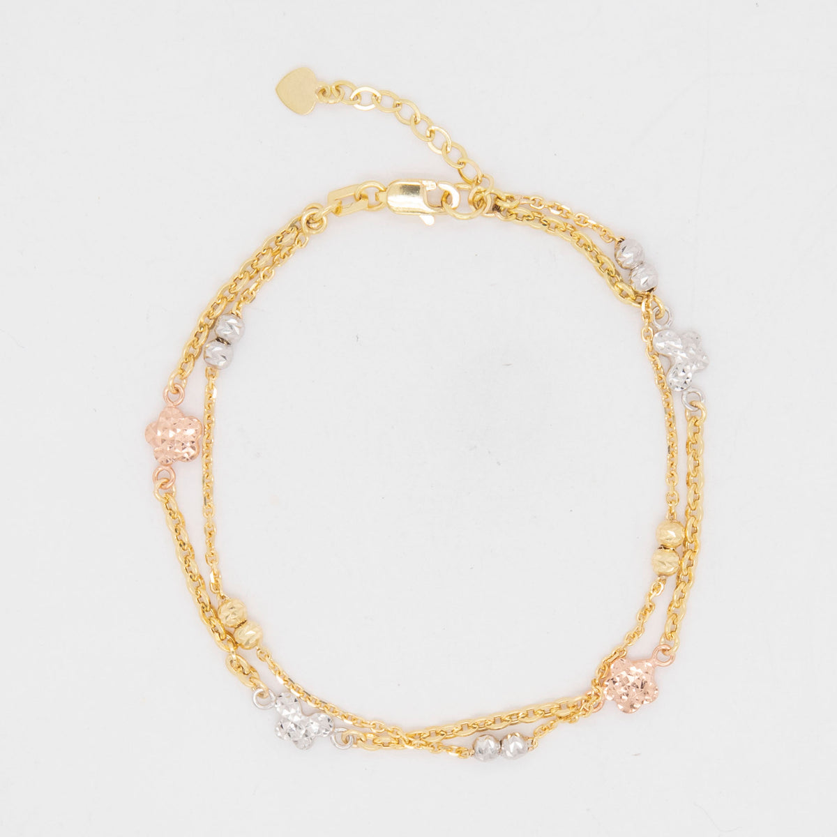 14K Tri Color Gold Double Strand Textured Butterfly And Bead Station Women's Bracelet