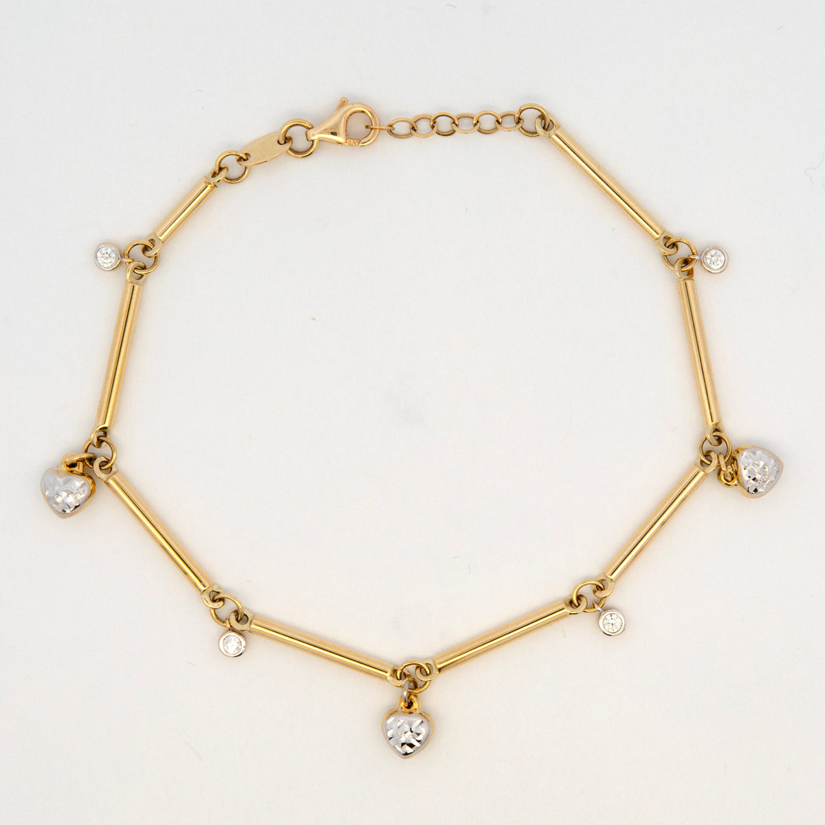 14K 2 Tones Gold Bar & Diamond-Cut Heart Charm Bracelet