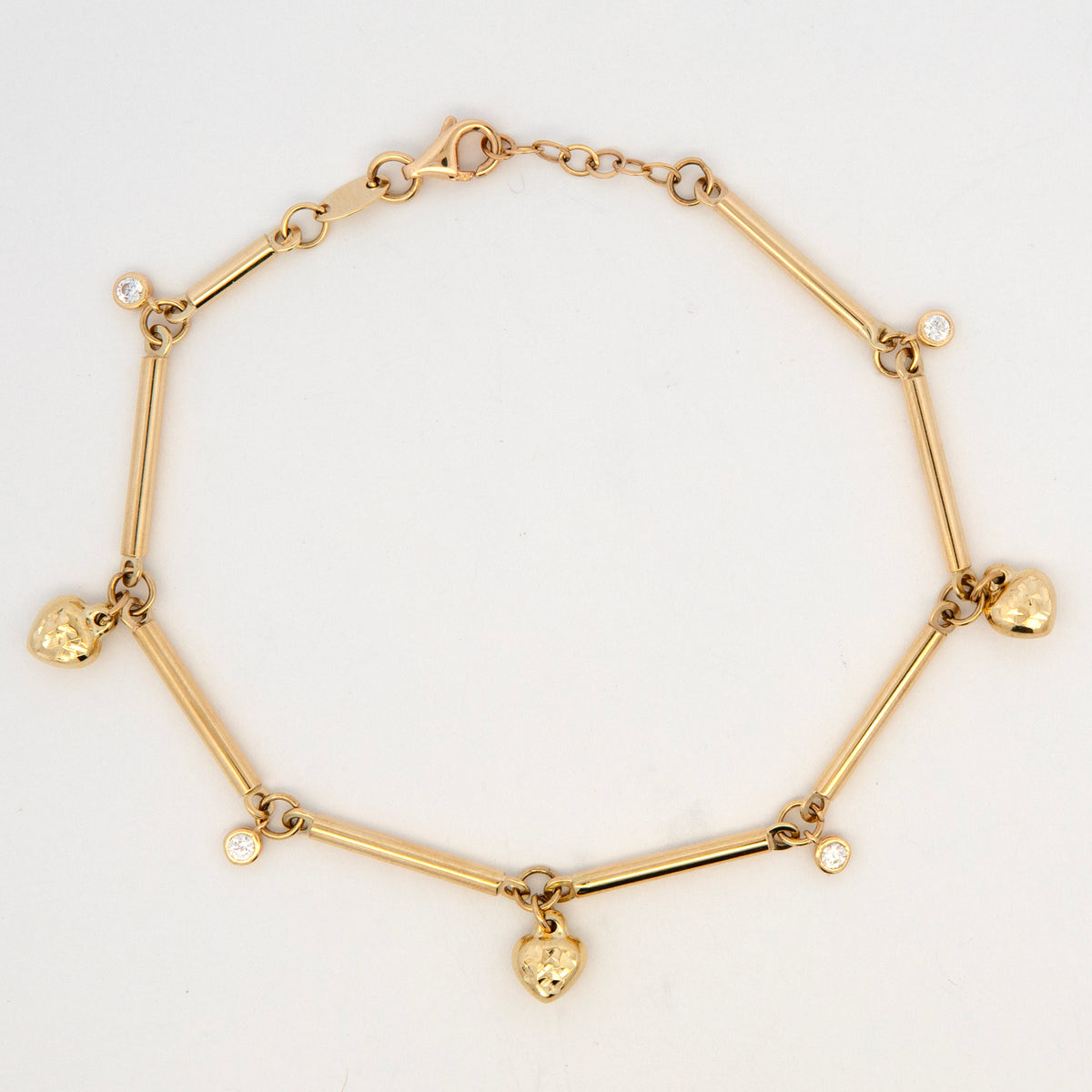 14K Yellow Gold Bar & Diamond-Cut Heart Charm Bracelet