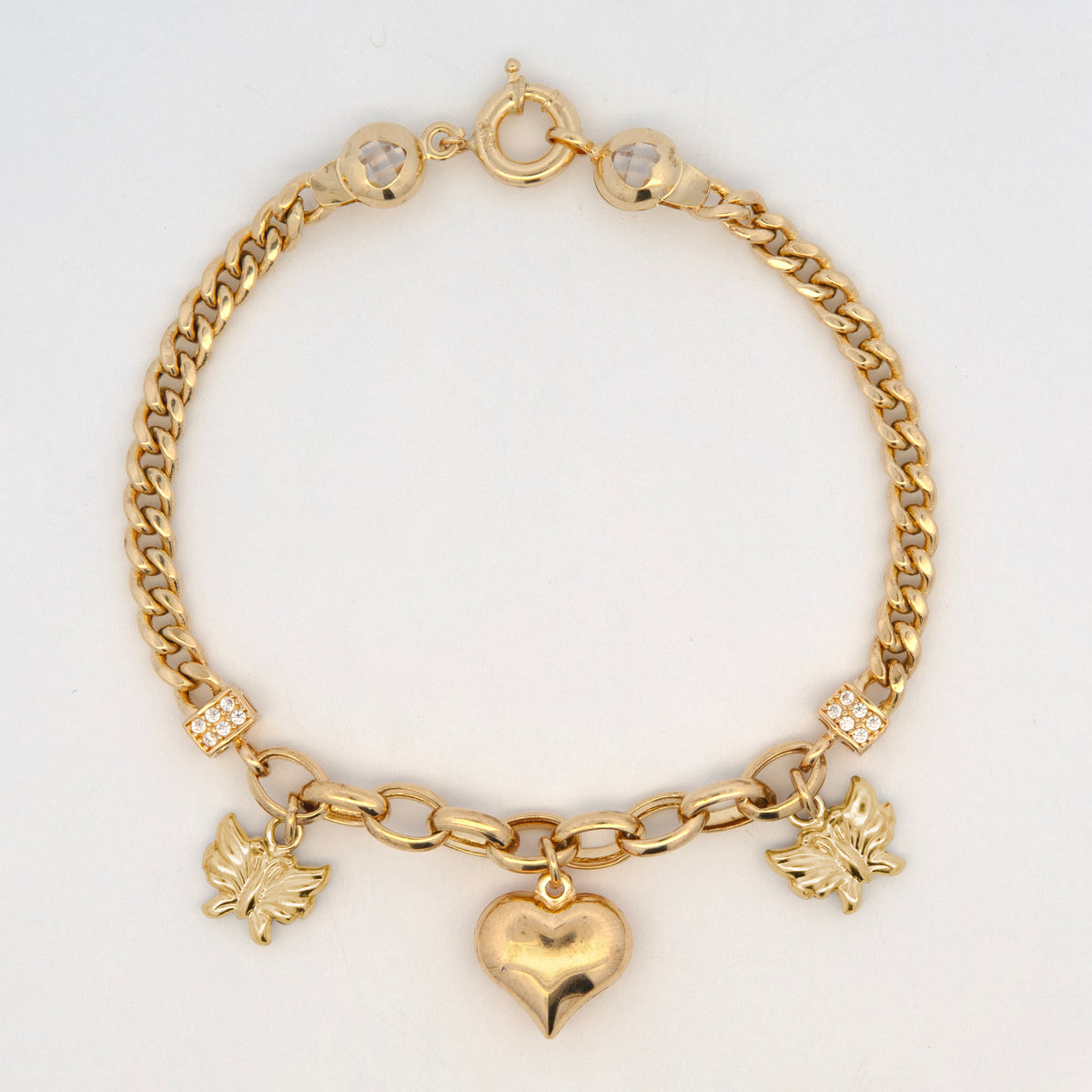 14K Yellow Gold Butterfly & Heart Mixed Link with CZ Bracelet