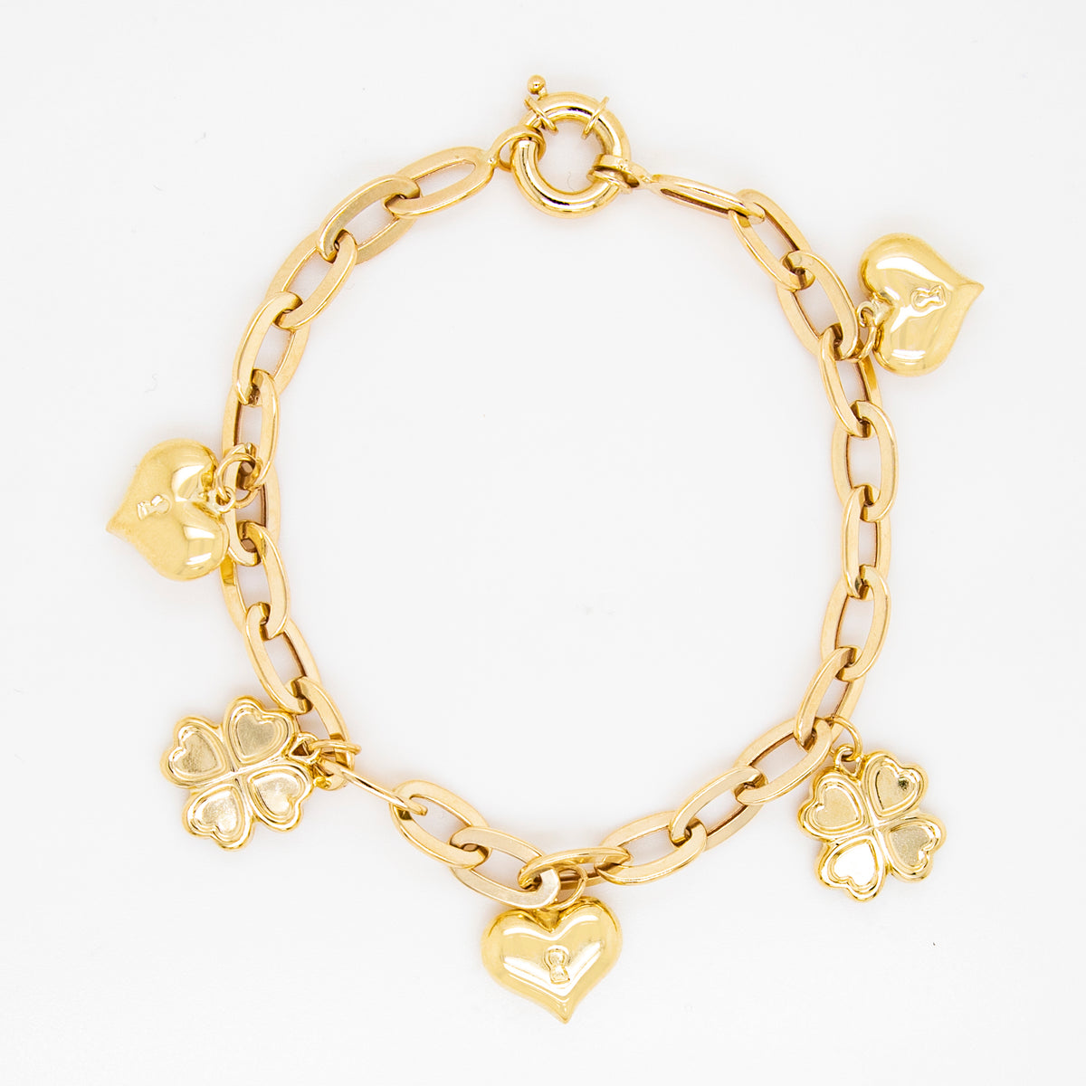 14K Yellow Gold Four-Leaf Clover & Puffed Heart Link Bracelet