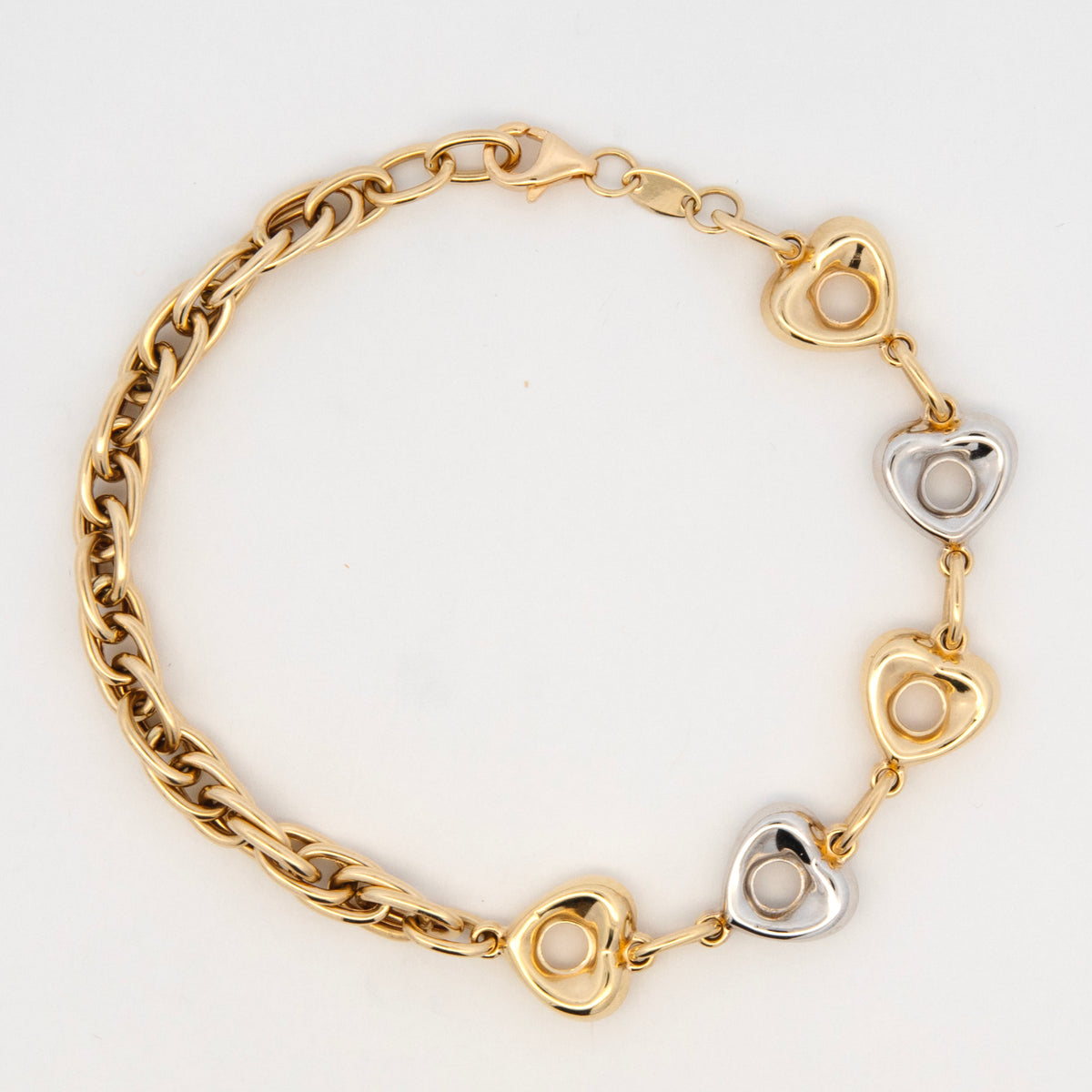 14K 2 Tones Gold Double Chain Open Heart Station Bracelet
