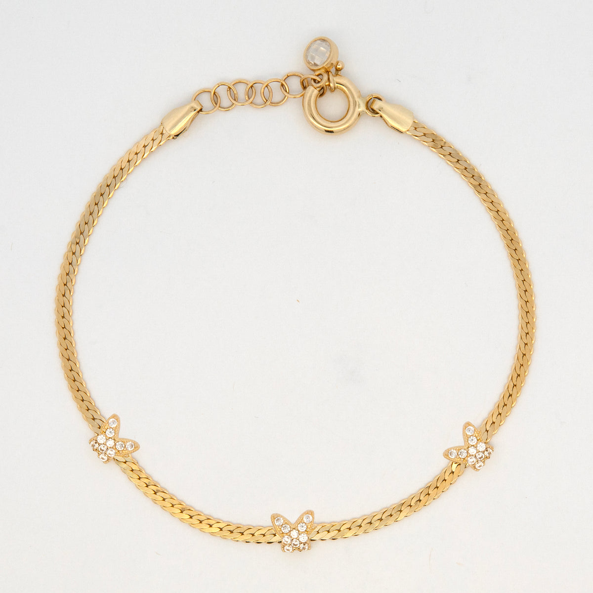 14K Yellow Gold CZ Triple Butterfly Station Bracelet