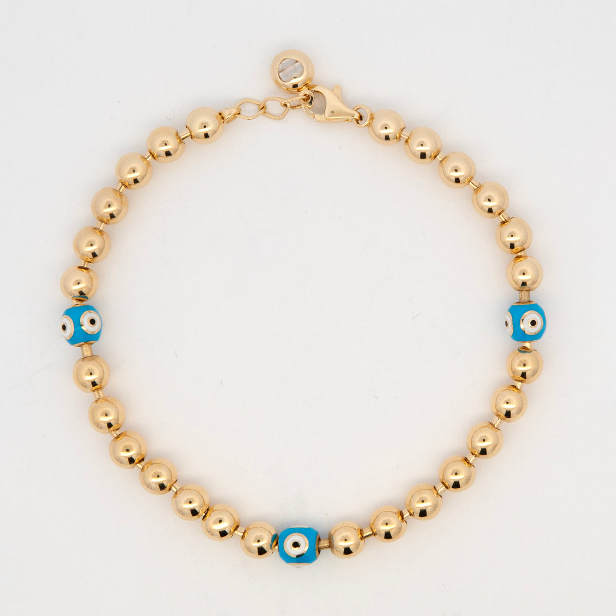 14K Yellow Gold Polished Ball & Evil Eye Bead Bracelet