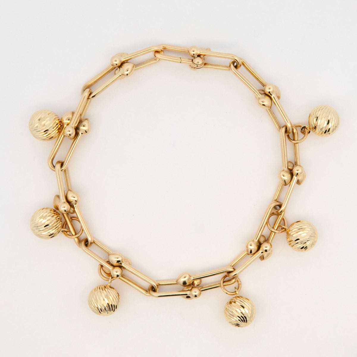 14K Yellow Gold Polished U-Link & Detailed Beaded Charm Bracelet