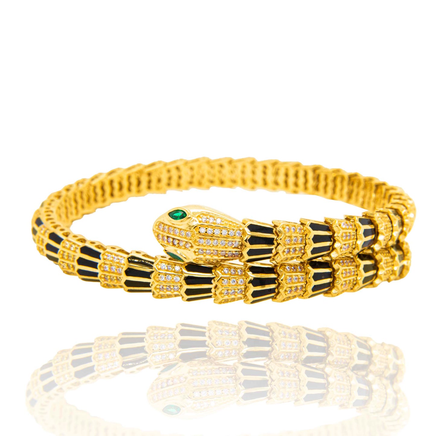 14K Yellow Gold Black Enamel Snake with White CZ Wrap Bangle