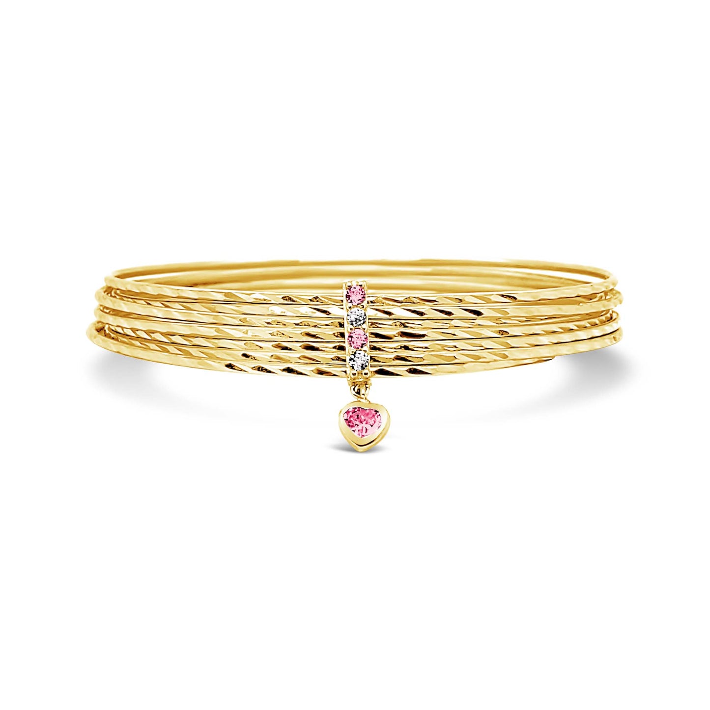 14K Yellow Gold Semanario Textured Pink CZ Heart Charm Bangle