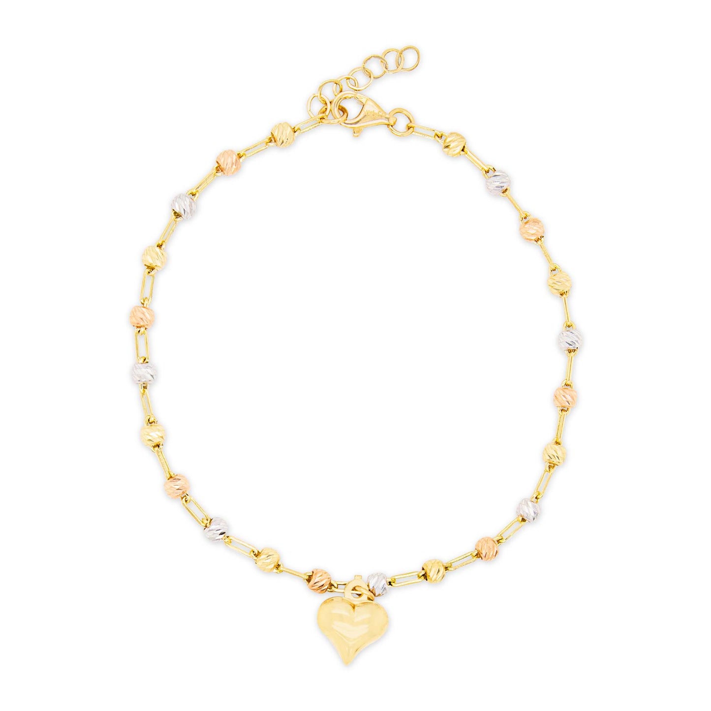 14k Tri Color Gold Beads and Single Heart Bracelet