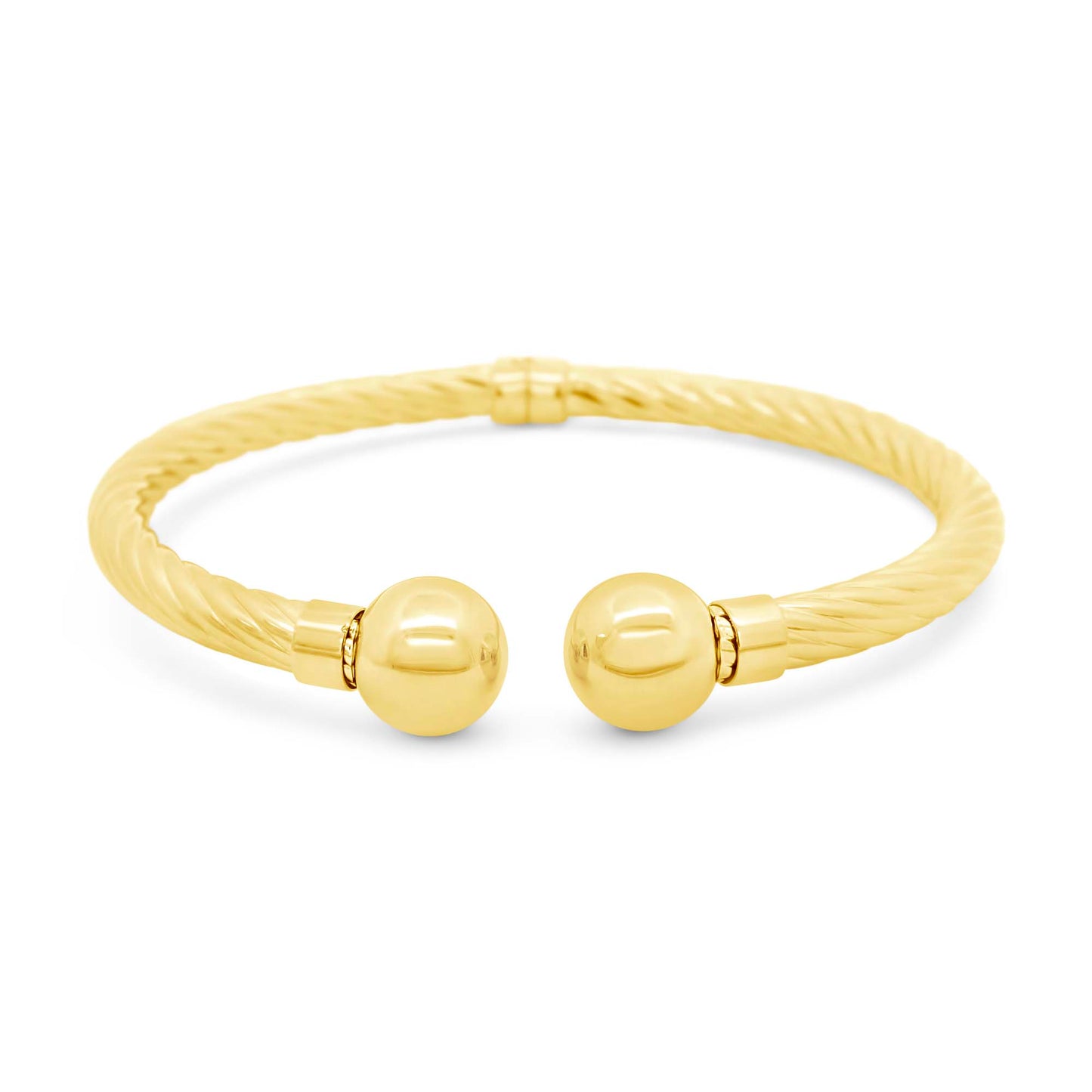 14K Yellow Gold Twisted Ball End Open Cuff Bangle