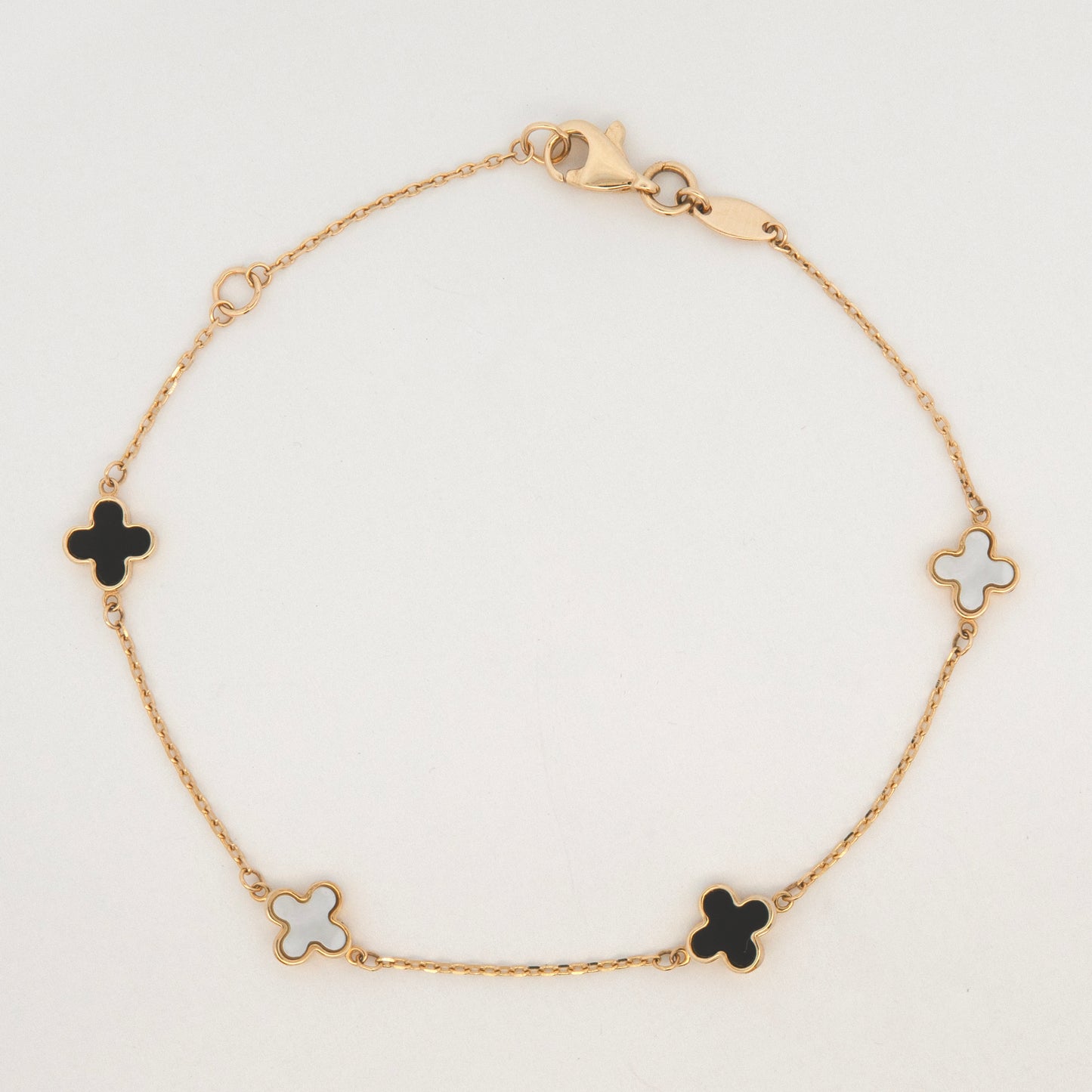 14K Yellow Gold Onyx and Mother of Pearl Clover Station Bracelet