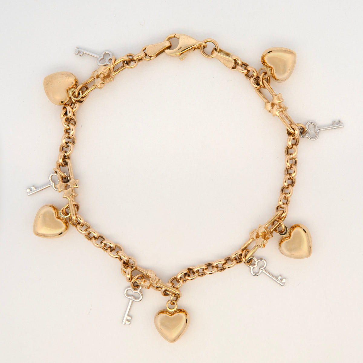 14K 2 Tones Gold Puffy Heart and Key Charm Bracelet