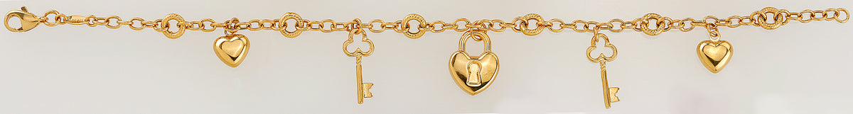 14K Yellow Gold Heart, Key, and Padlock Charm Rolo Bracelet