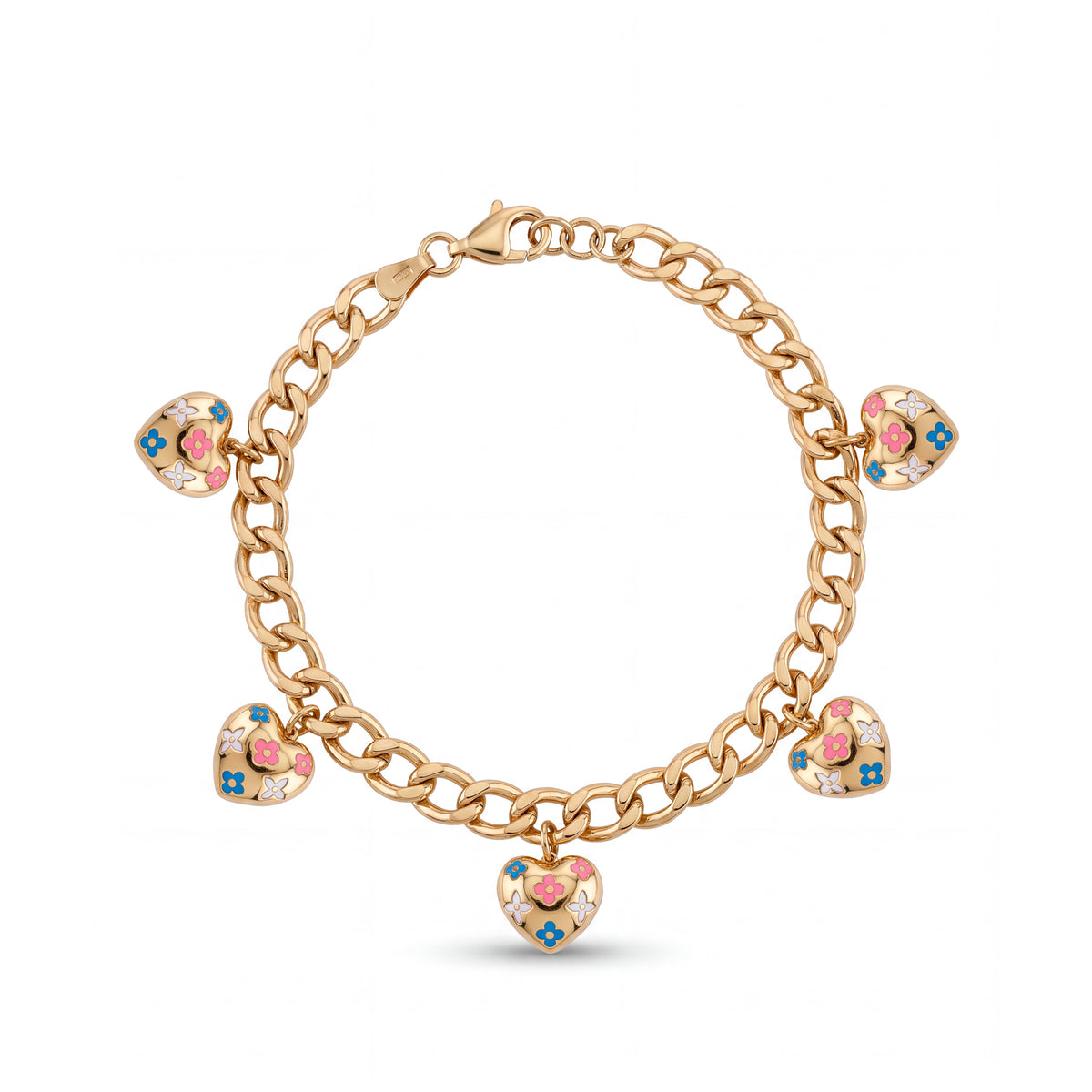 14K Yellow Gold Enamel Floral Heart Charm Curb Chain Bracelet
