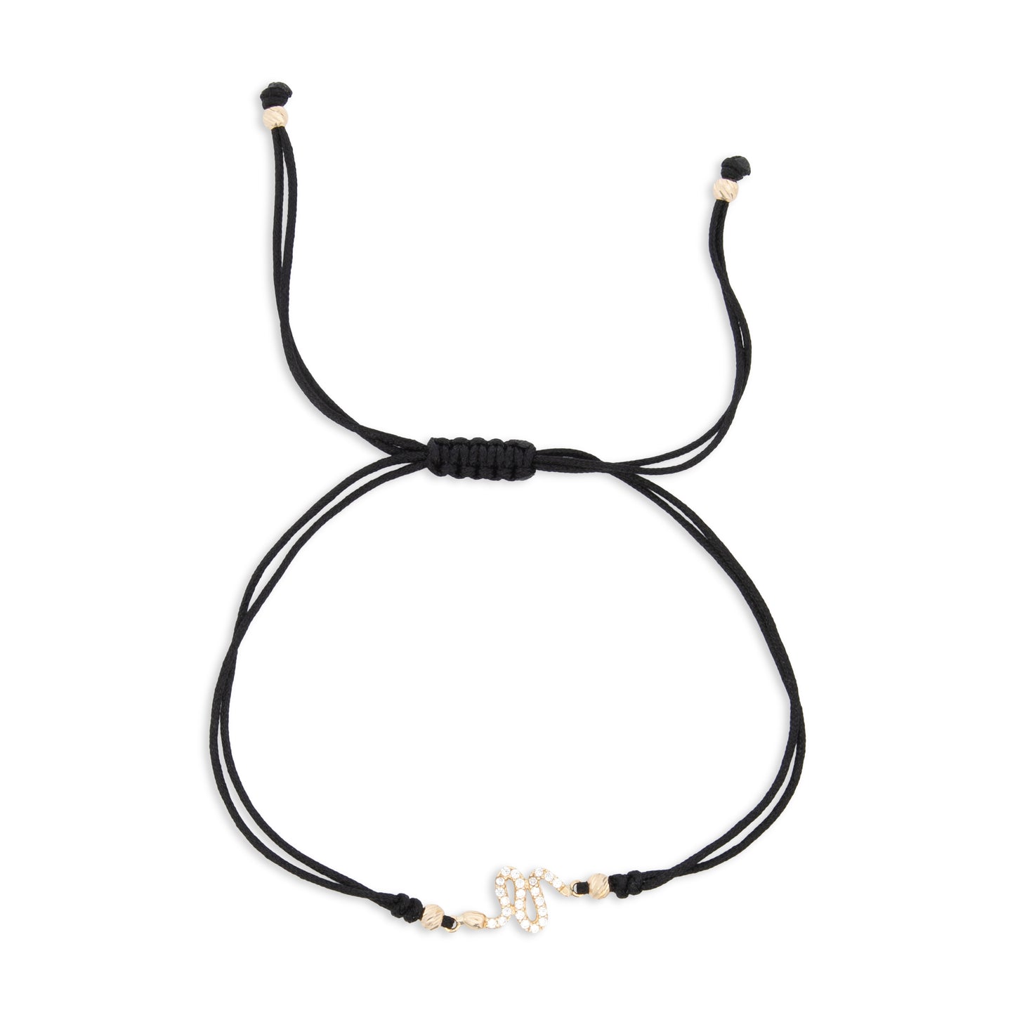 14K Yellow Gold CZ Snake Black String Bracelet