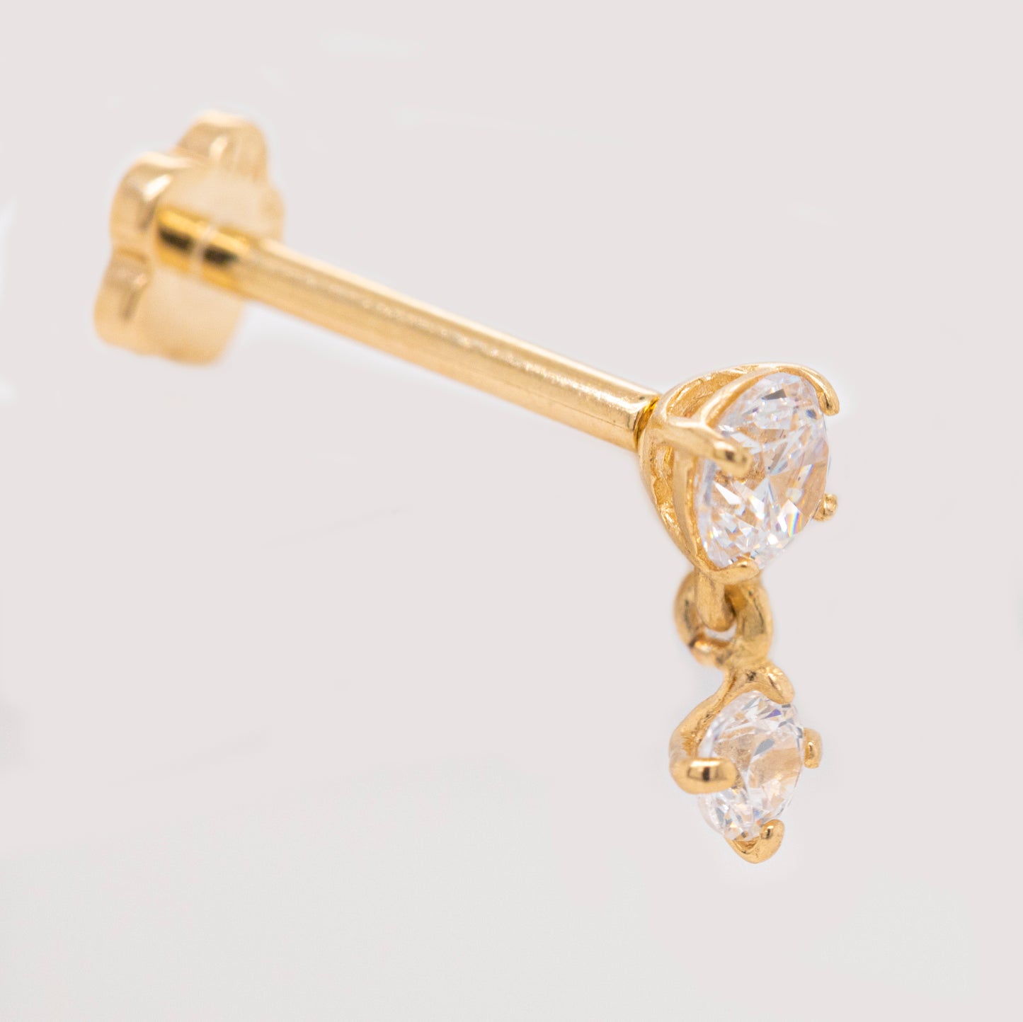14K Yellow Gold CZ Round Stud and Dangling Round CZ Cartilage Earring