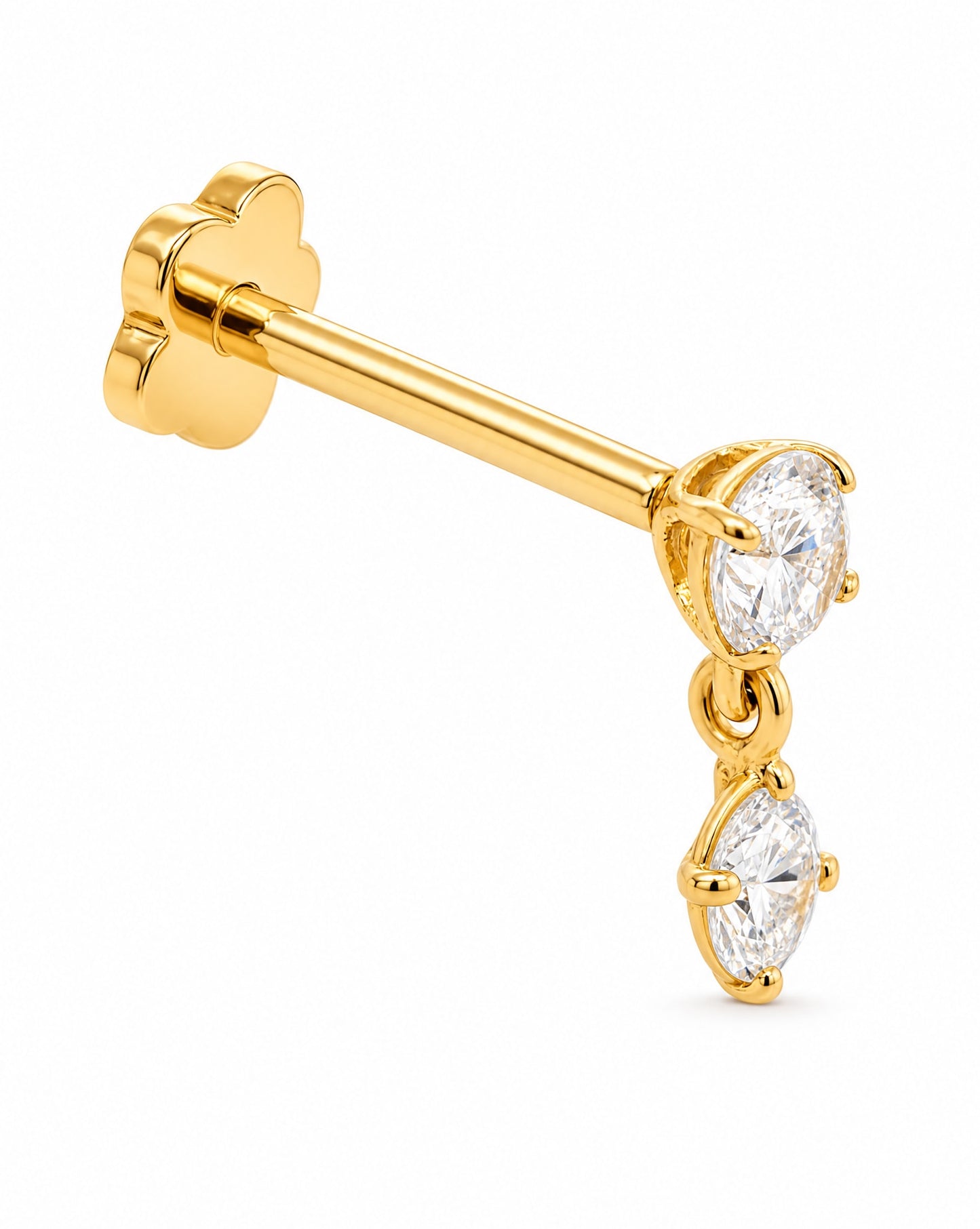 14K Yellow Gold CZ Round Stud and Dangling Round CZ Cartilage Earring