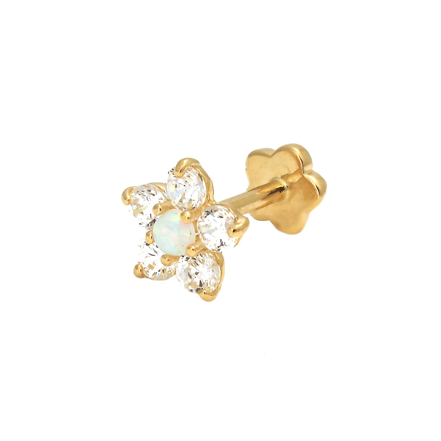 14K Yellow Gold CZ Flower With Opal On Center Cartilage Earring