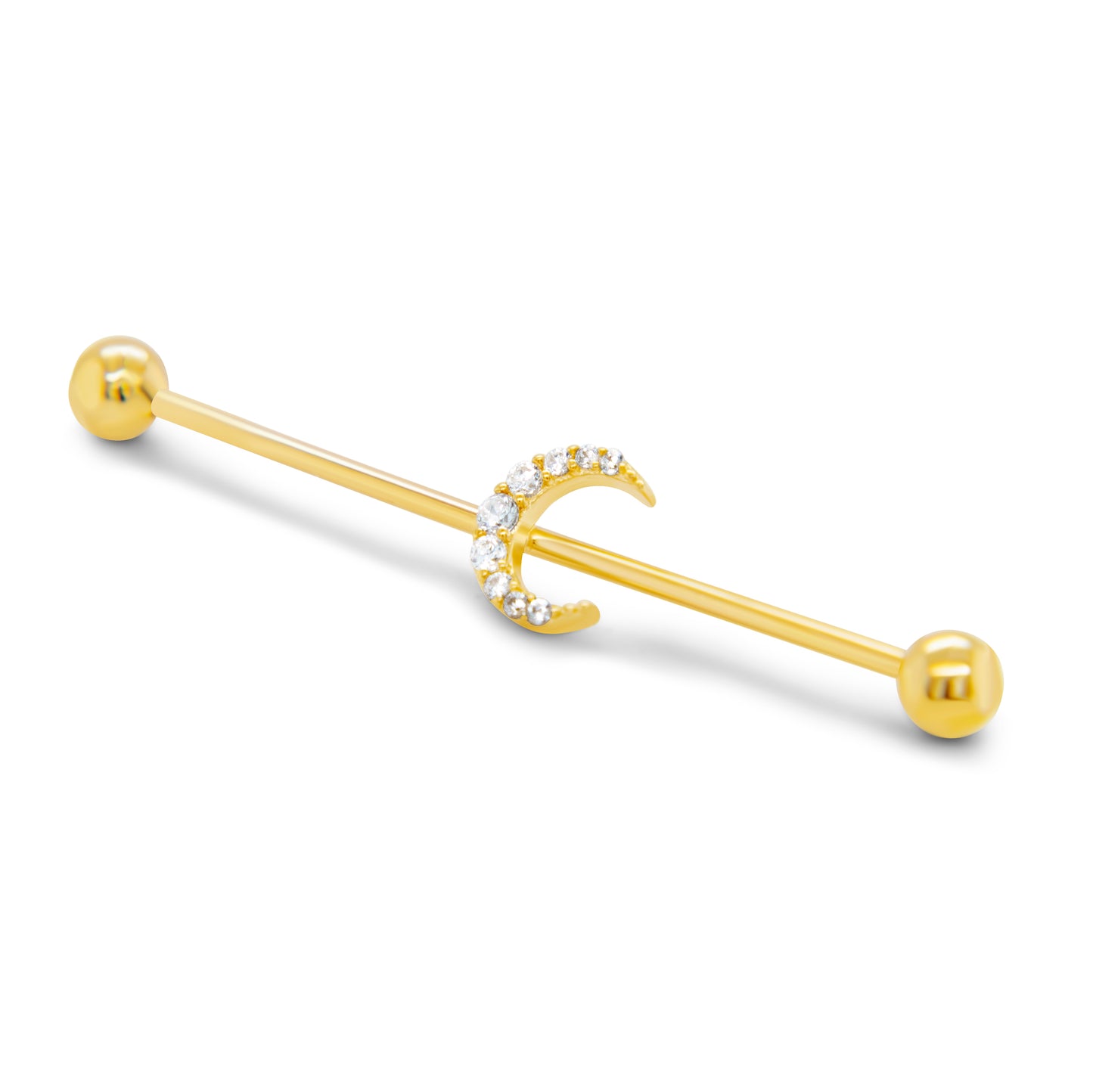 14K Yellow Gold Industrial Bar With CZ Moon Cartilage Earring