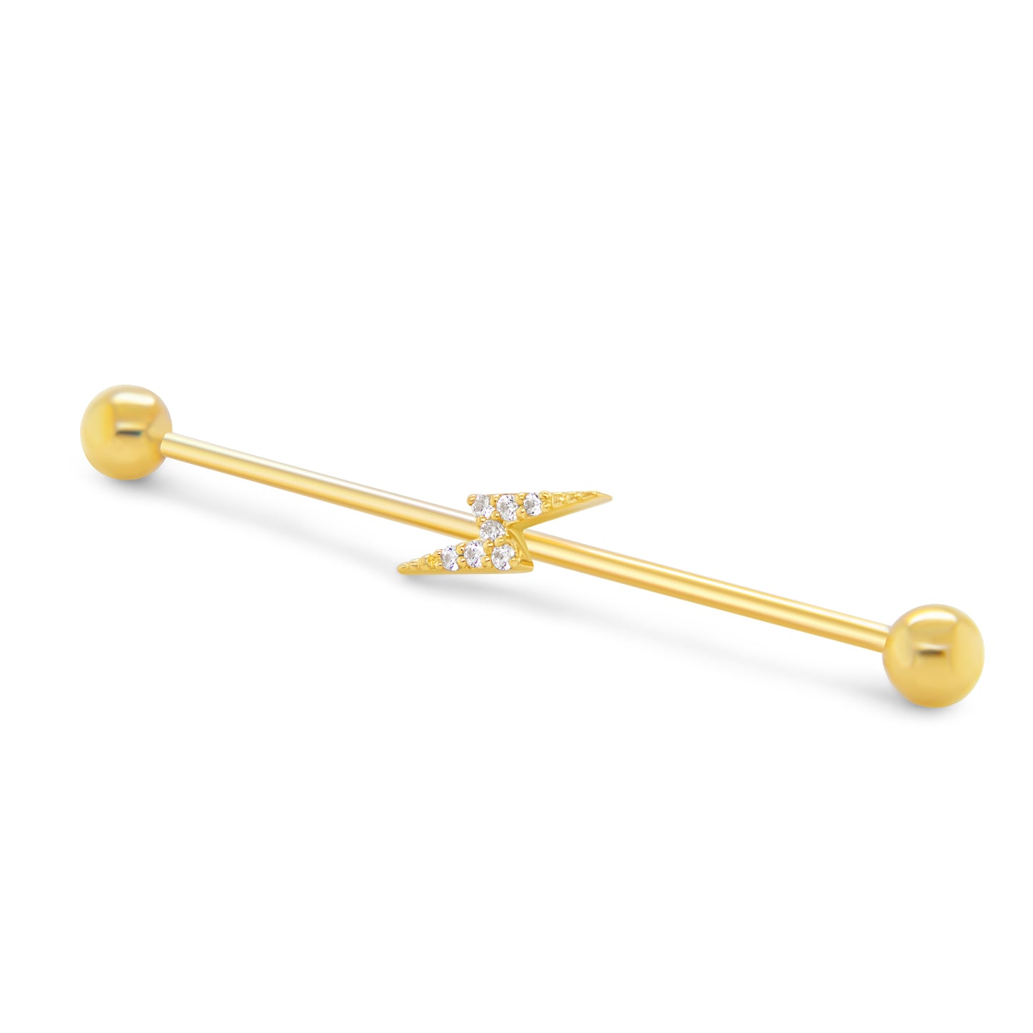 14K Yellow Gold Industrial Bar With CZ Lightning Bolt Cartilage Earring