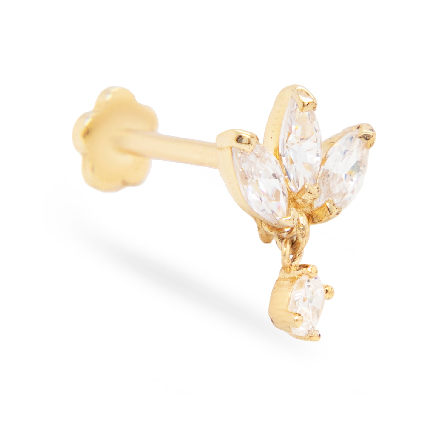 14K Yellow Gold CZ Lotus Flower & a Dangling Round CZ Cartilage Earring