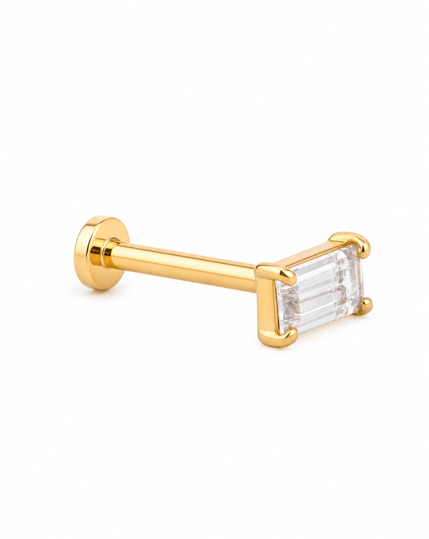 14K Yellow Gold Single CZ Baguette Cartilage Earring