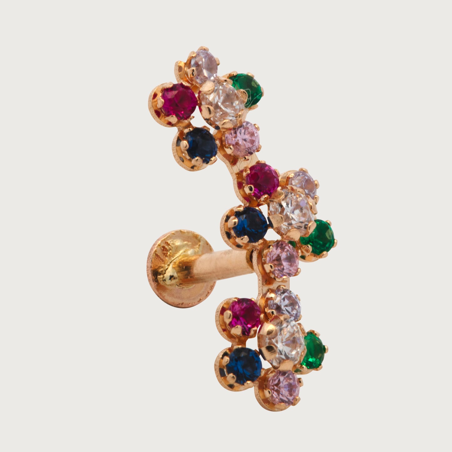 14K Yellow Gold 3 CZ Multicolor Flowers Cartilage Earring