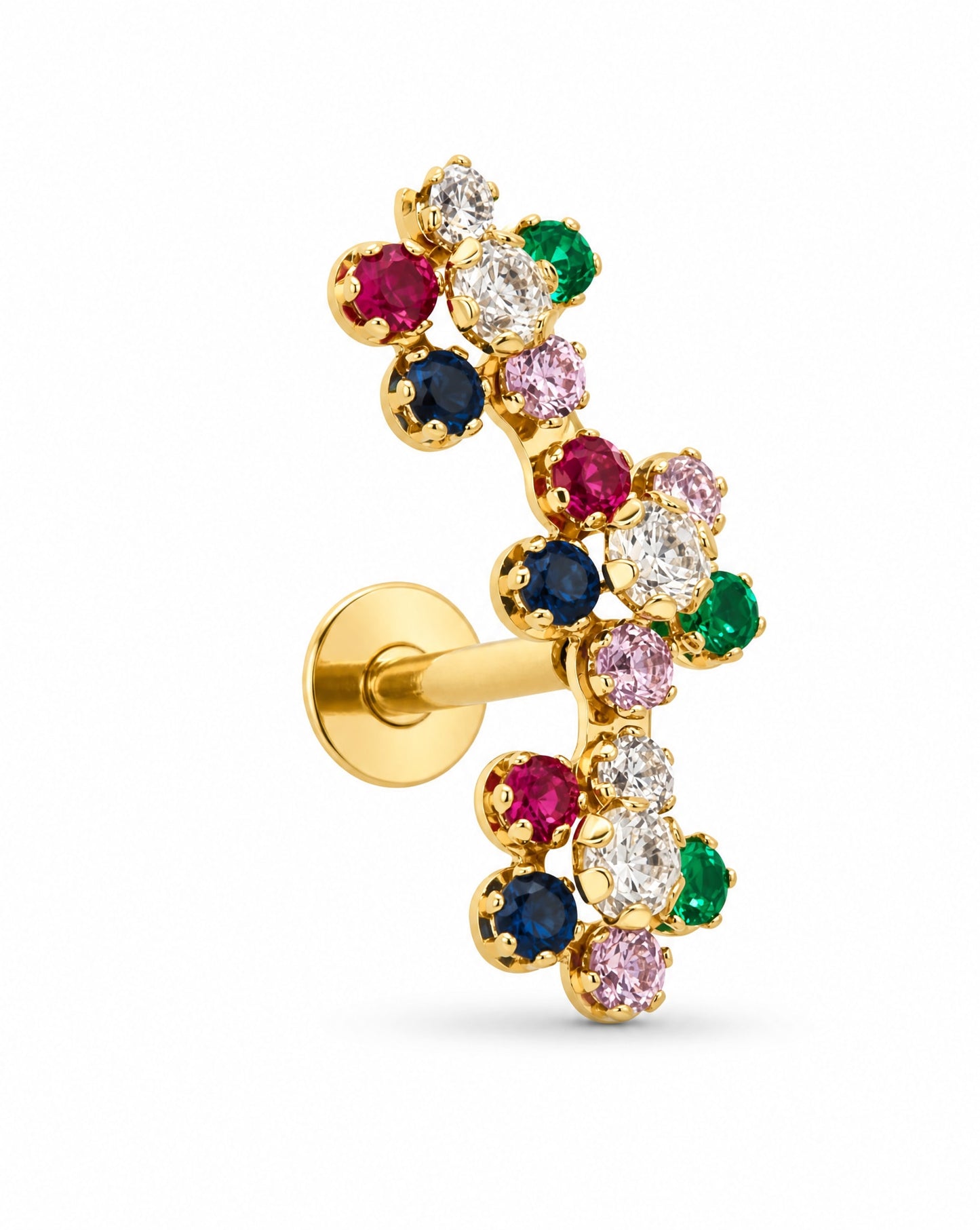 14K Yellow Gold 3 CZ Multicolor Flowers Cartilage Earring