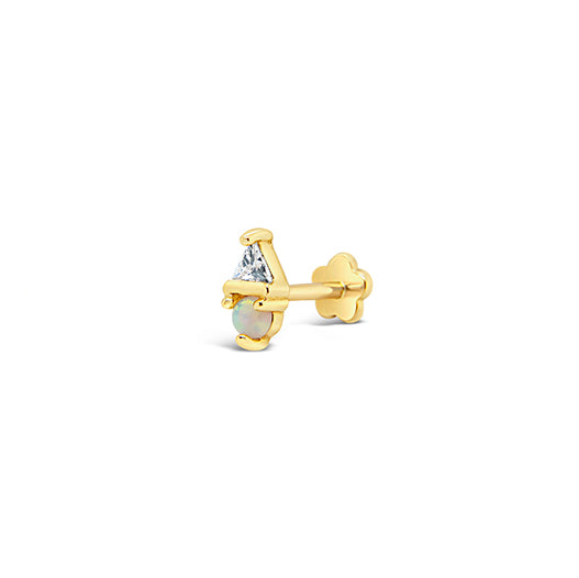 14K Yellow Gold Triangle CZ and Opal Double Gem Cartilage Flatback