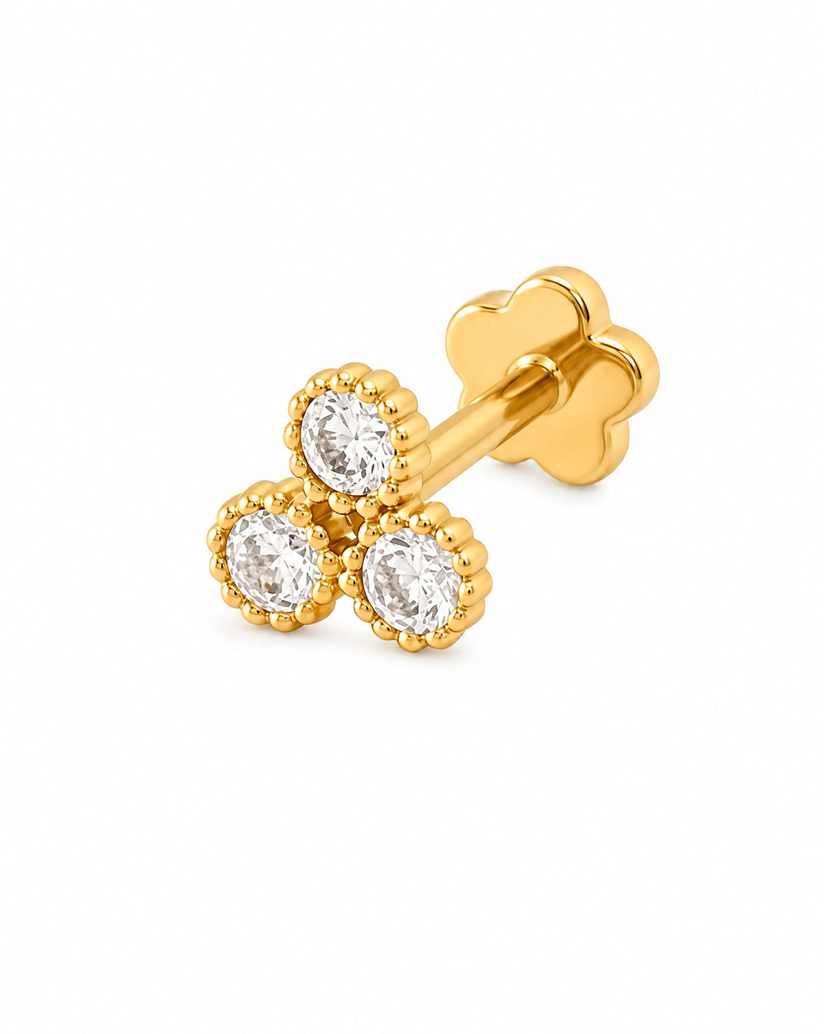 14K Yellow Gold Beaded Bezel 3 Round CZ Cartilage Earring