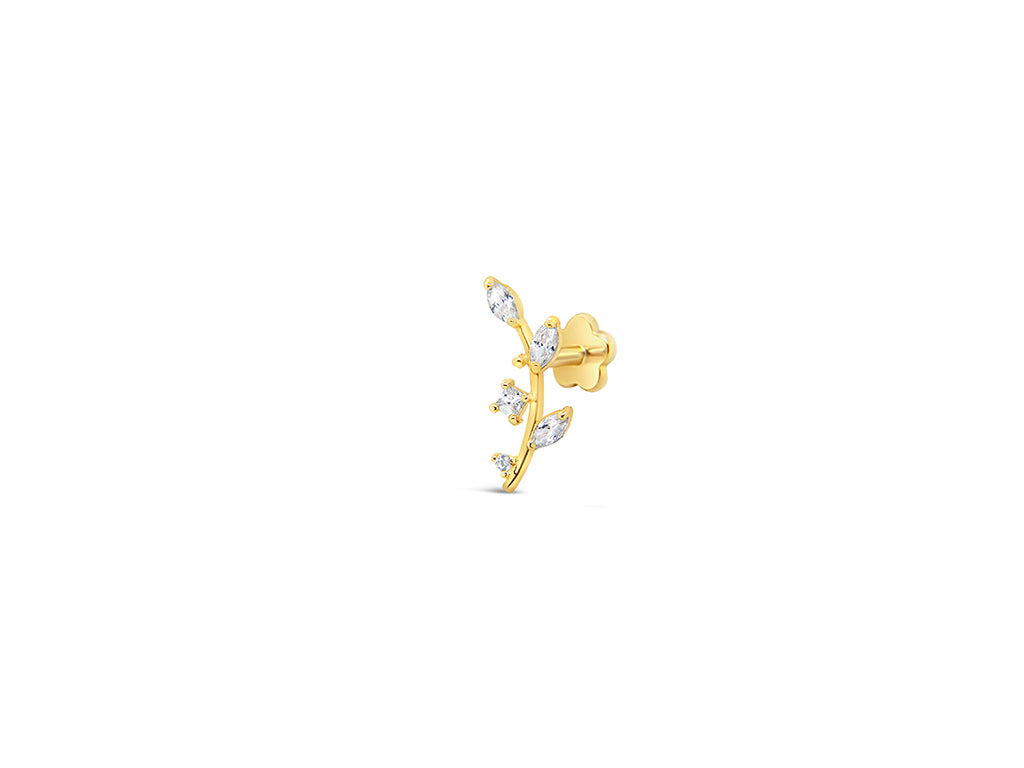 14K Yellow Gold Branch With Leaf CZ Cartilage Earring