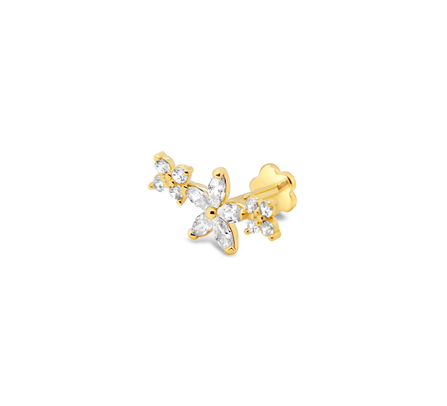 14K Yellow Gold 3 CZ Flowers Cartilage Earring