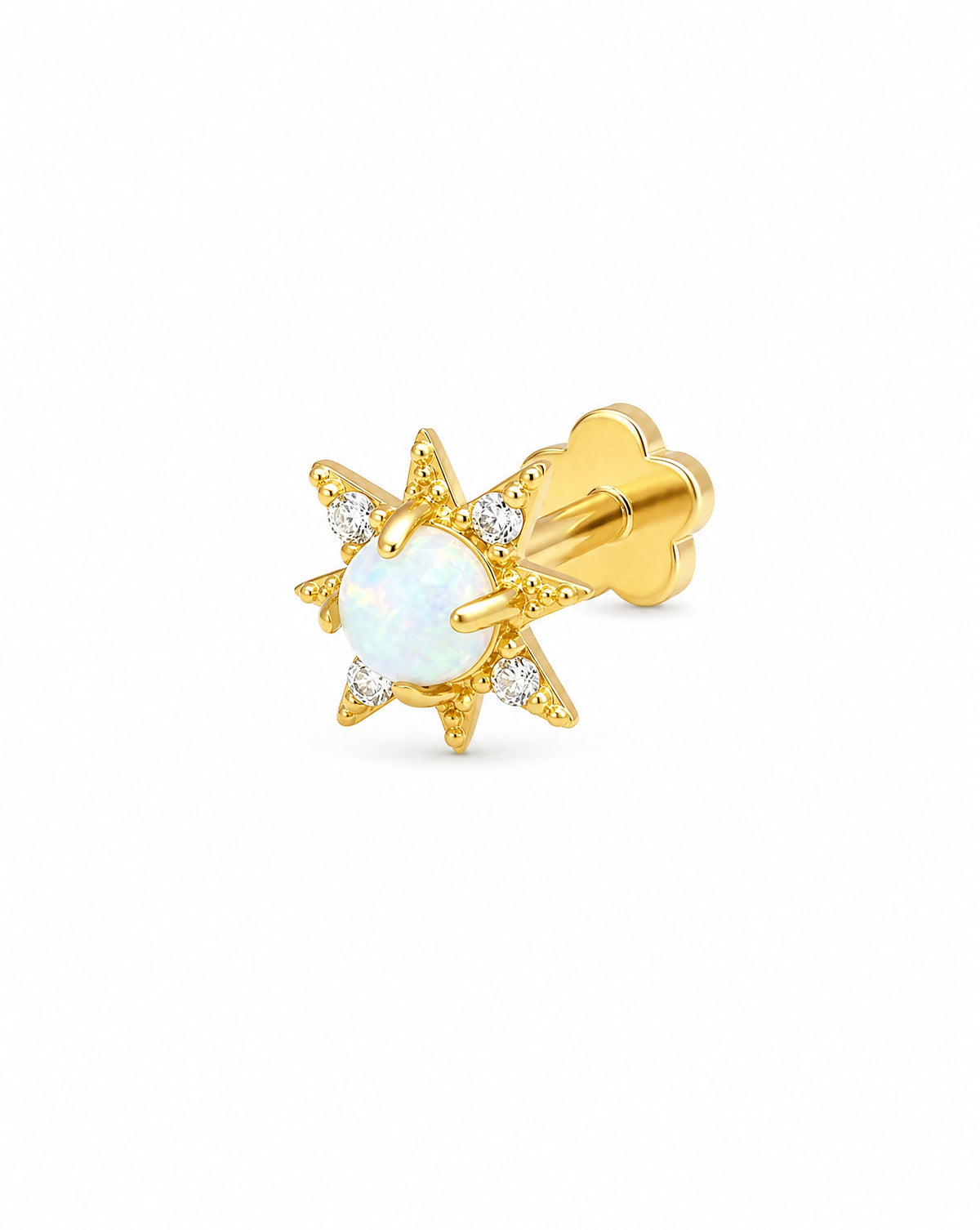 14K Yellow Gold Starbust With CZ & Opal On Center Cartilage Earring